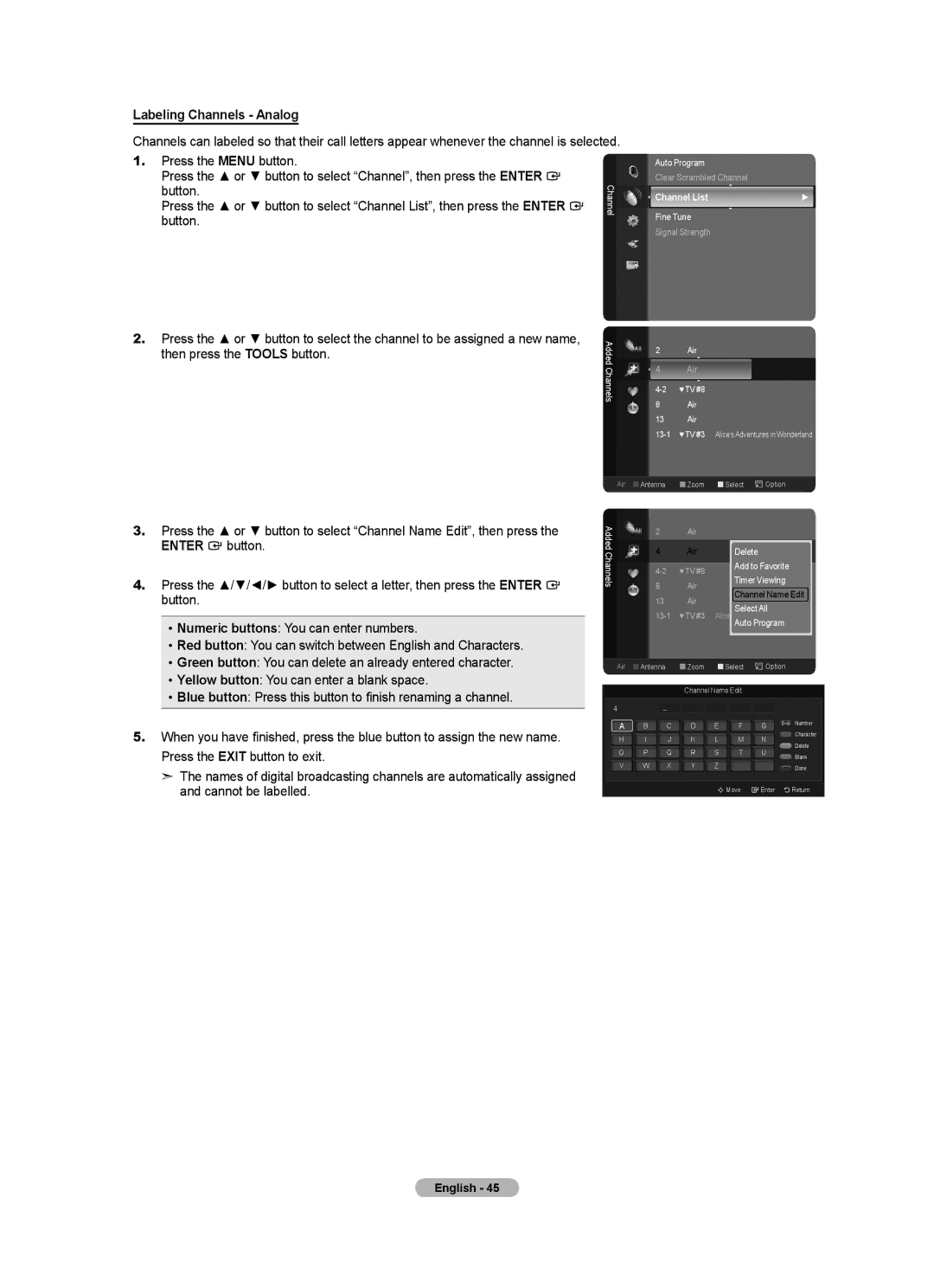 Samsung LN40A620A1F, LN2A620A1F, LN32A620A1F user manual Labeling Channels Analog, Button 