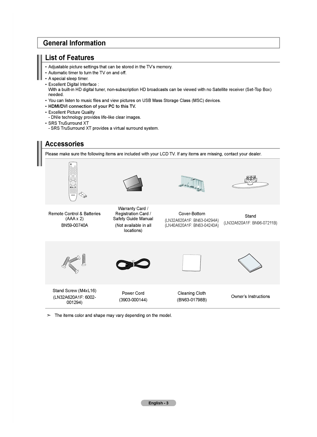 Samsung LN40A620A1F General Information List of Features, Accessories, HDMI/DVI connection of your PC to this TV 