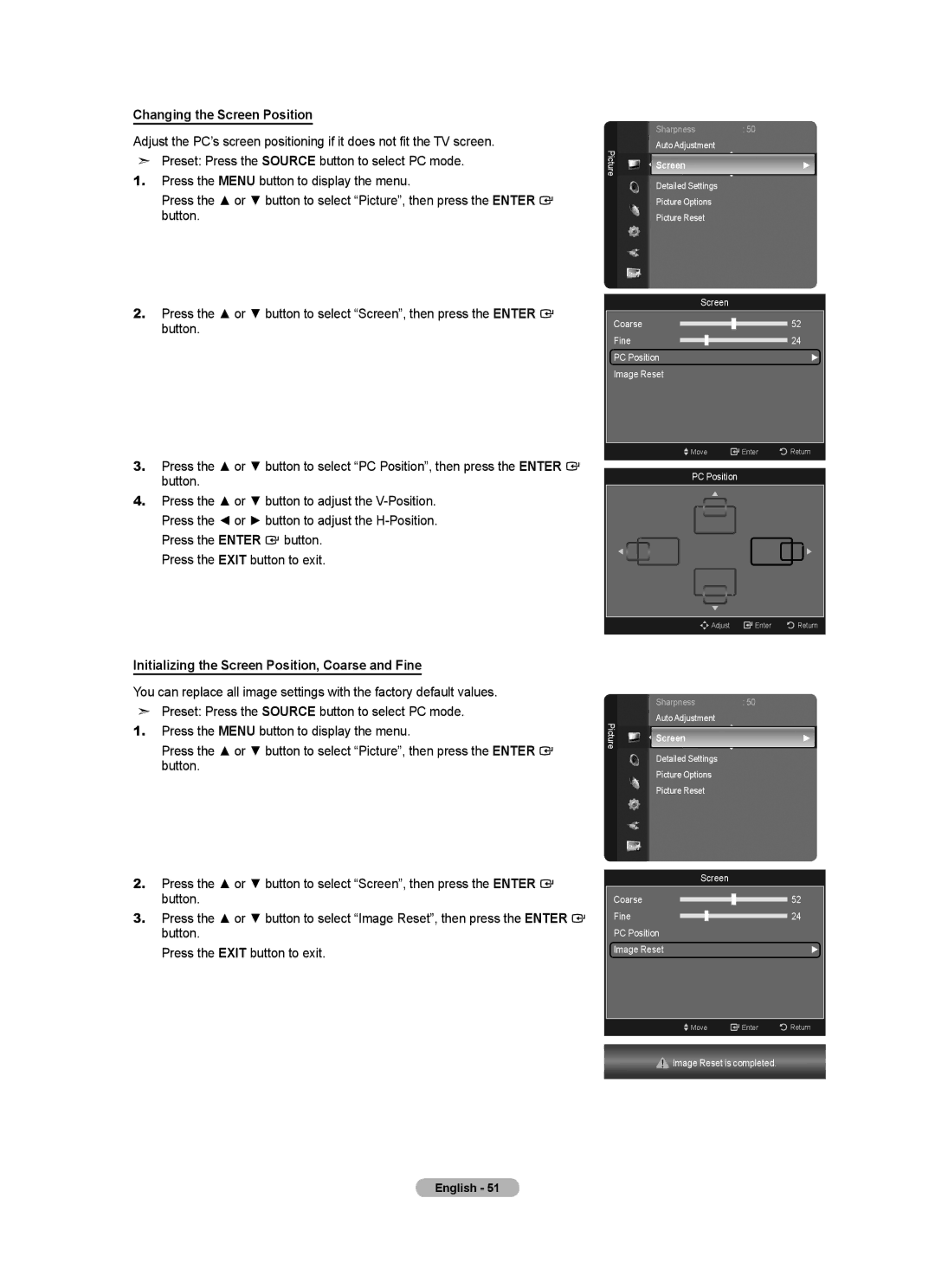 Samsung LN40A620A1F, LN2A620A1F user manual Changing the Screen Position, Initializing the Screen Position, Coarse and Fine 