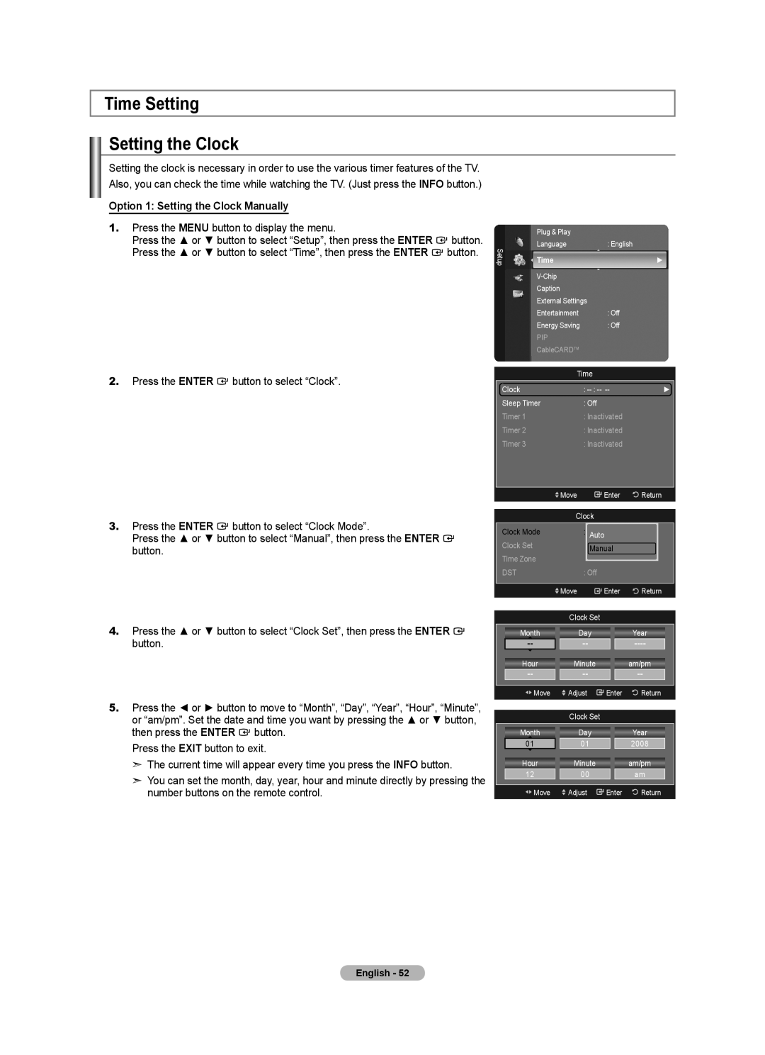 Samsung LN2A620A1F, LN32A620A1F, LN40A620A1F user manual Time Setting Setting the Clock, Option 1 Setting the Clock Manually 