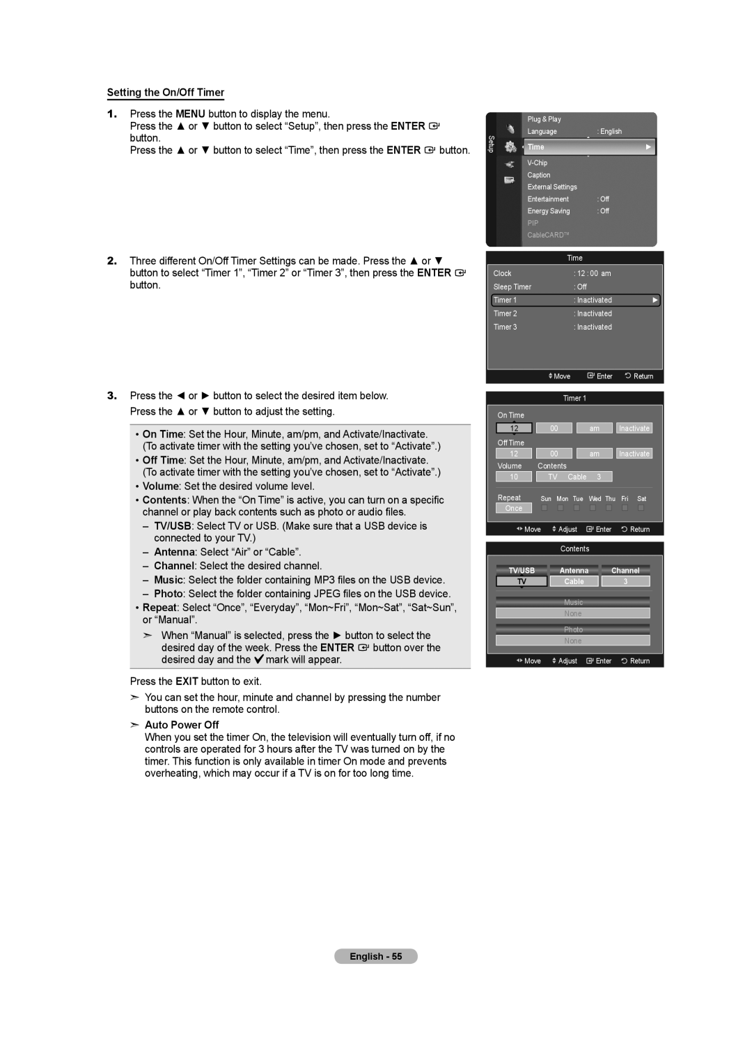 Samsung LN2A620A1F Setting the On/Off Timer, Volume Set the desired volume level, Auto Power Off, Contents, Channel 