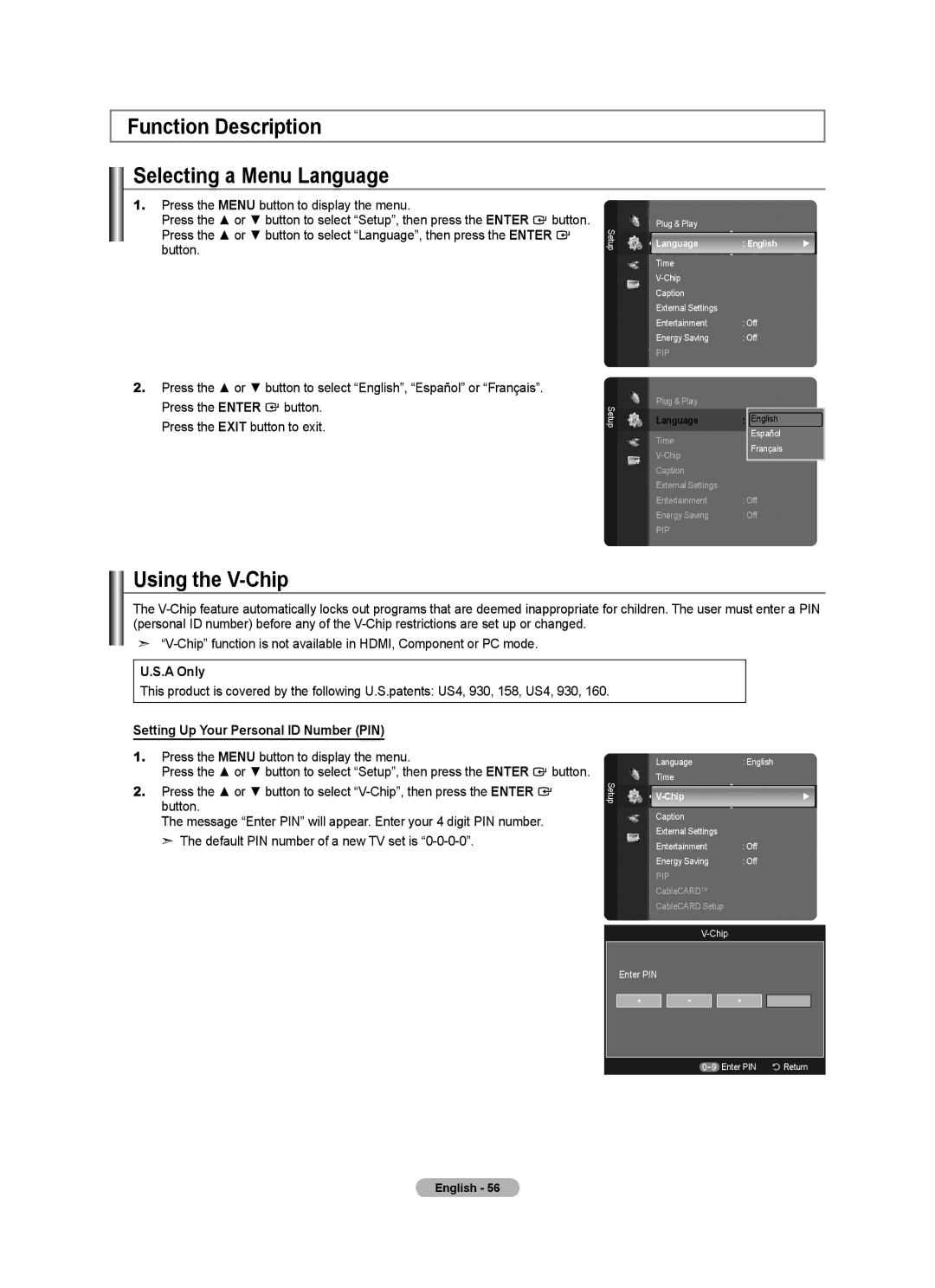 Samsung LN32A620A1F, LN2A620A1F, LN40A620A1F user manual Function Description Selecting a Menu Language, Using the V-Chip 