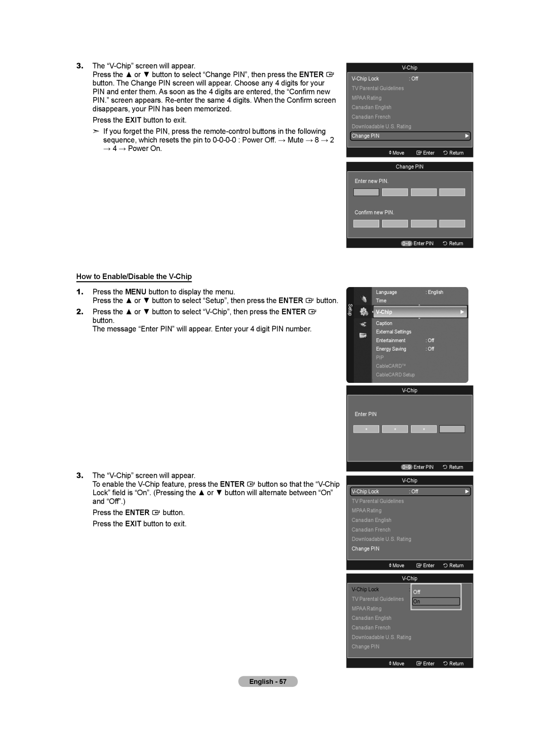 Samsung LN40A620A1F, LN2A620A1F, LN32A620A1F user manual V-Chip screen will appear, How to Enable/Disable the V-Chip 