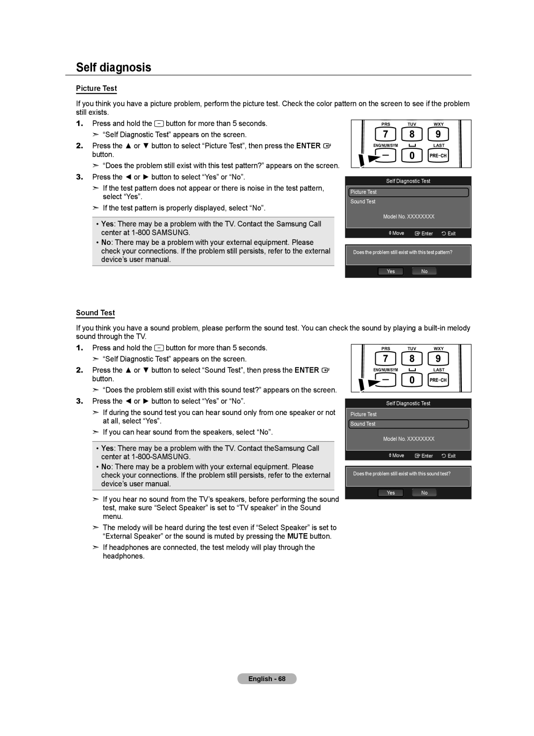 Samsung LN32A620A1F, LN2A620A1F, LN40A620A1F user manual Self diagnosis, Picture Test, Sound Test 