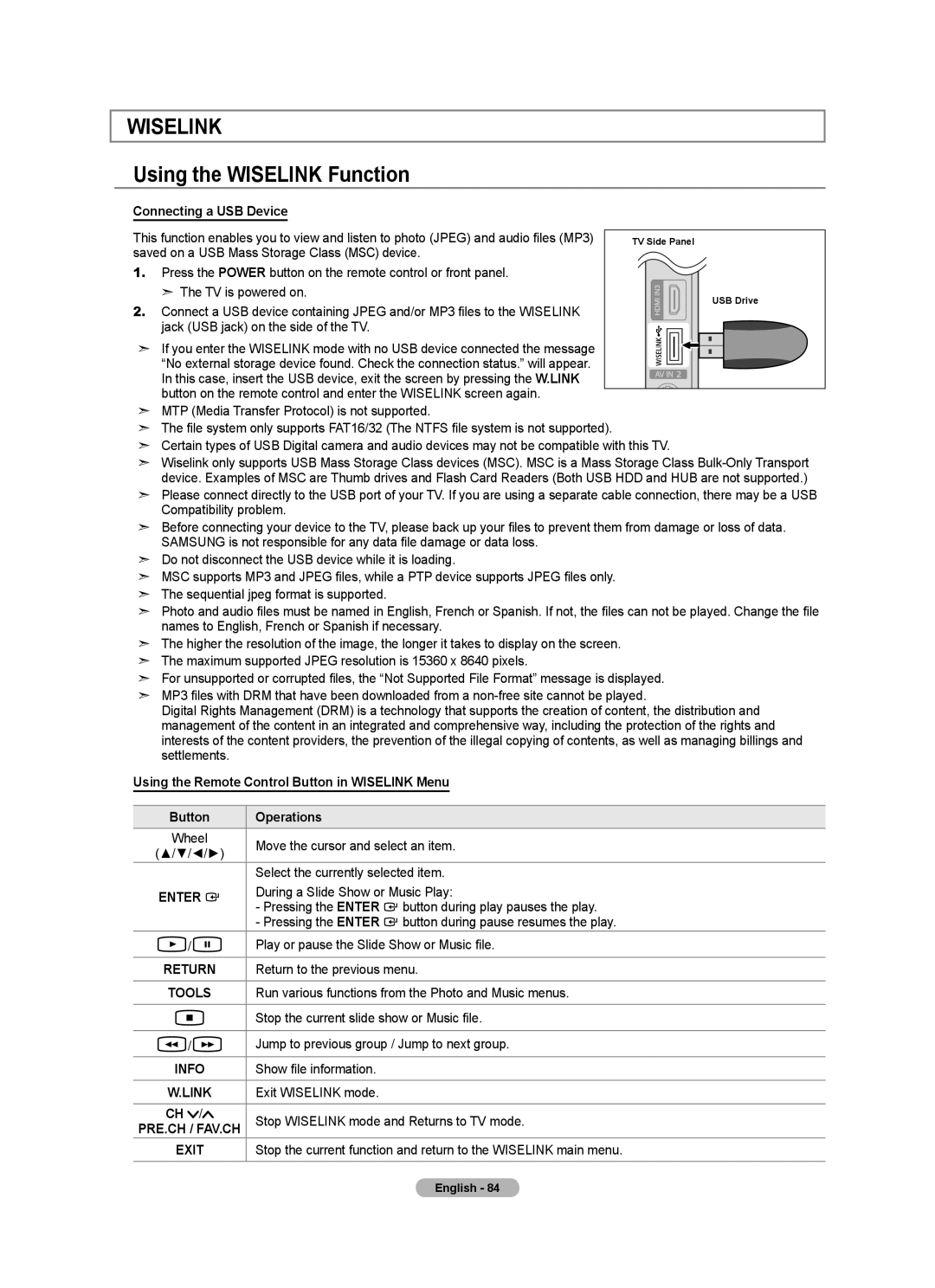 Samsung LN40A620A1F, LN2A620A1F, LN32A620A1F user manual Using the Wiselink Function, Connecting a USB Device 