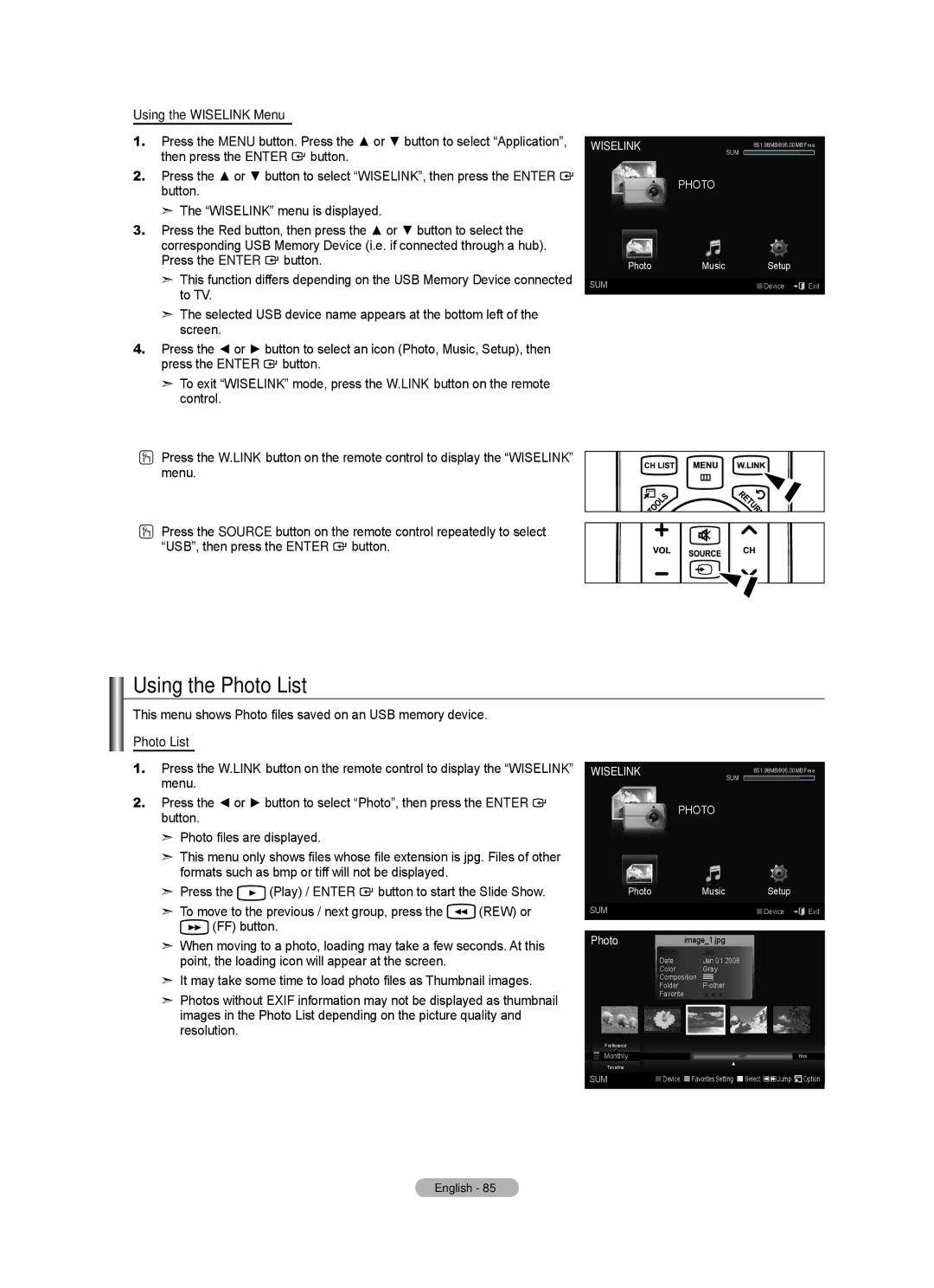 Samsung LN2A620A1F, LN32A620A1F, LN40A620A1F user manual Using the Photo List, Using the Wiselink Menu 