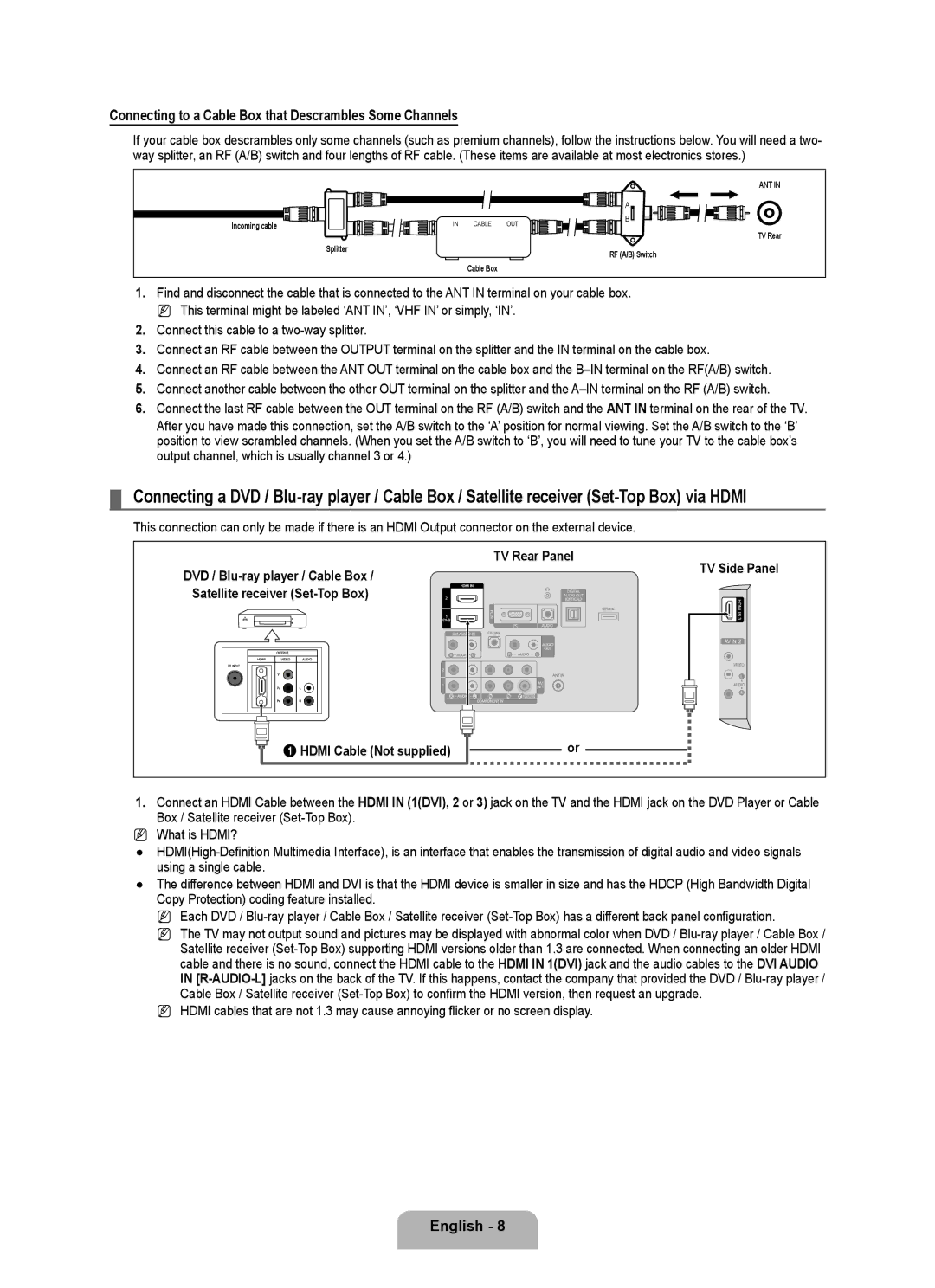 Samsung LN2B40 user manual Connecting to a Cable Box that Descrambles Some Channels, TV Rear Panel, Hdmi Cable Not supplied 