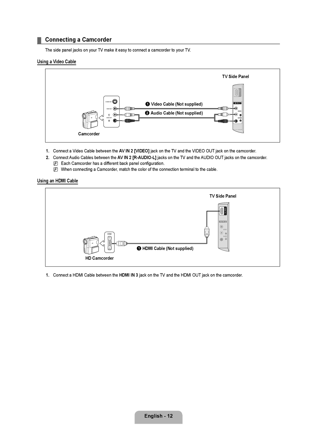 Samsung LN2B40 user manual Connecting a Camcorder, Using a Video Cable, Using an Hdmi Cable 