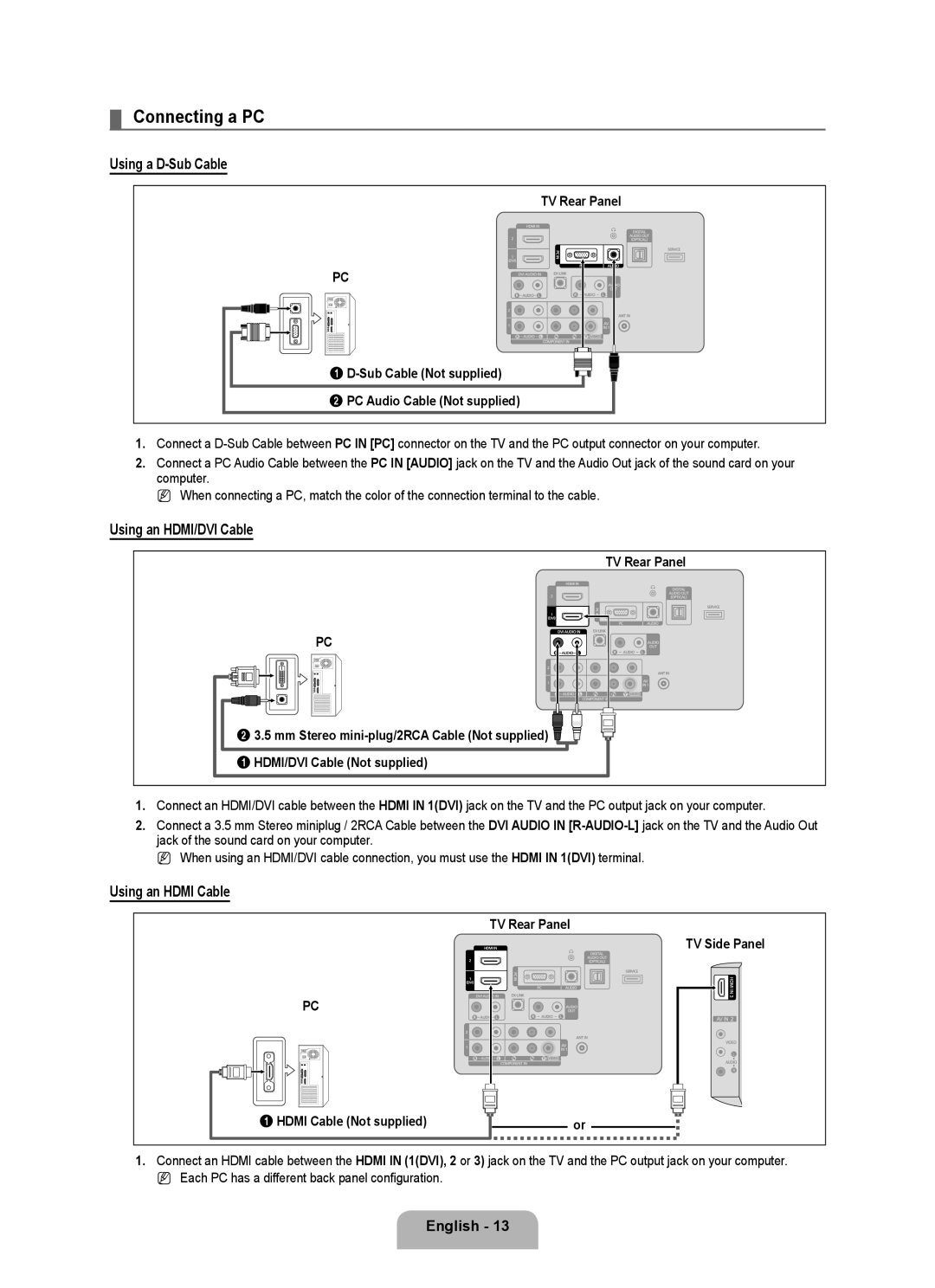 Samsung LN2B40 user manual Connecting a PC, Using a D-Sub Cable, Using an HDMI/DVI Cable 