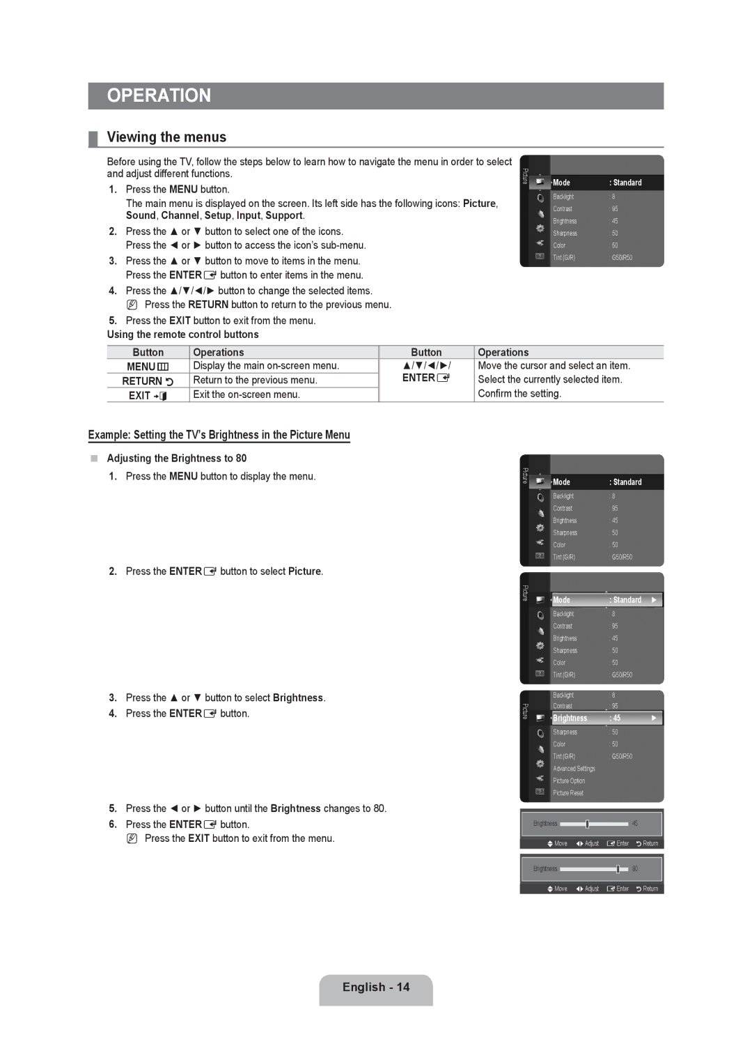 Samsung LN2B40 user manual Operation, Viewing the menus, Example Setting the TV’s Brightness in the Picture Menu 