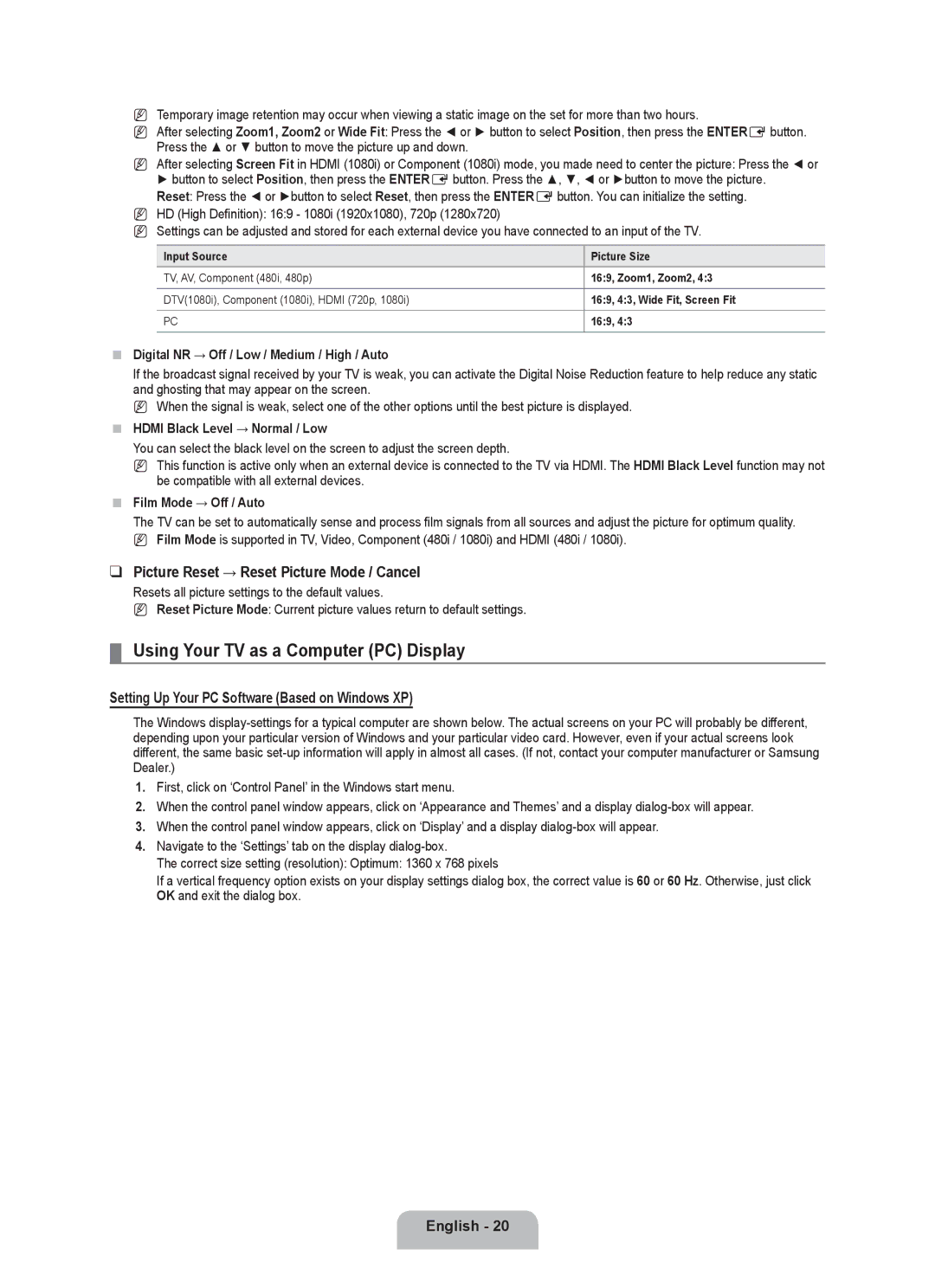 Samsung LN2B40 user manual Using Your TV as a Computer PC Display, Picture Reset → Reset Picture Mode / Cancel 