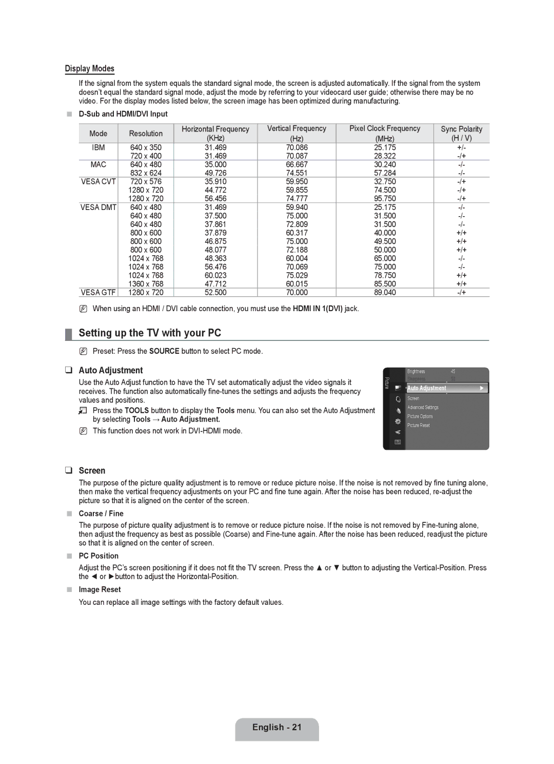 Samsung LN2B40 user manual Setting up the TV with your PC, Display Modes, Auto Adjustment, Screen 