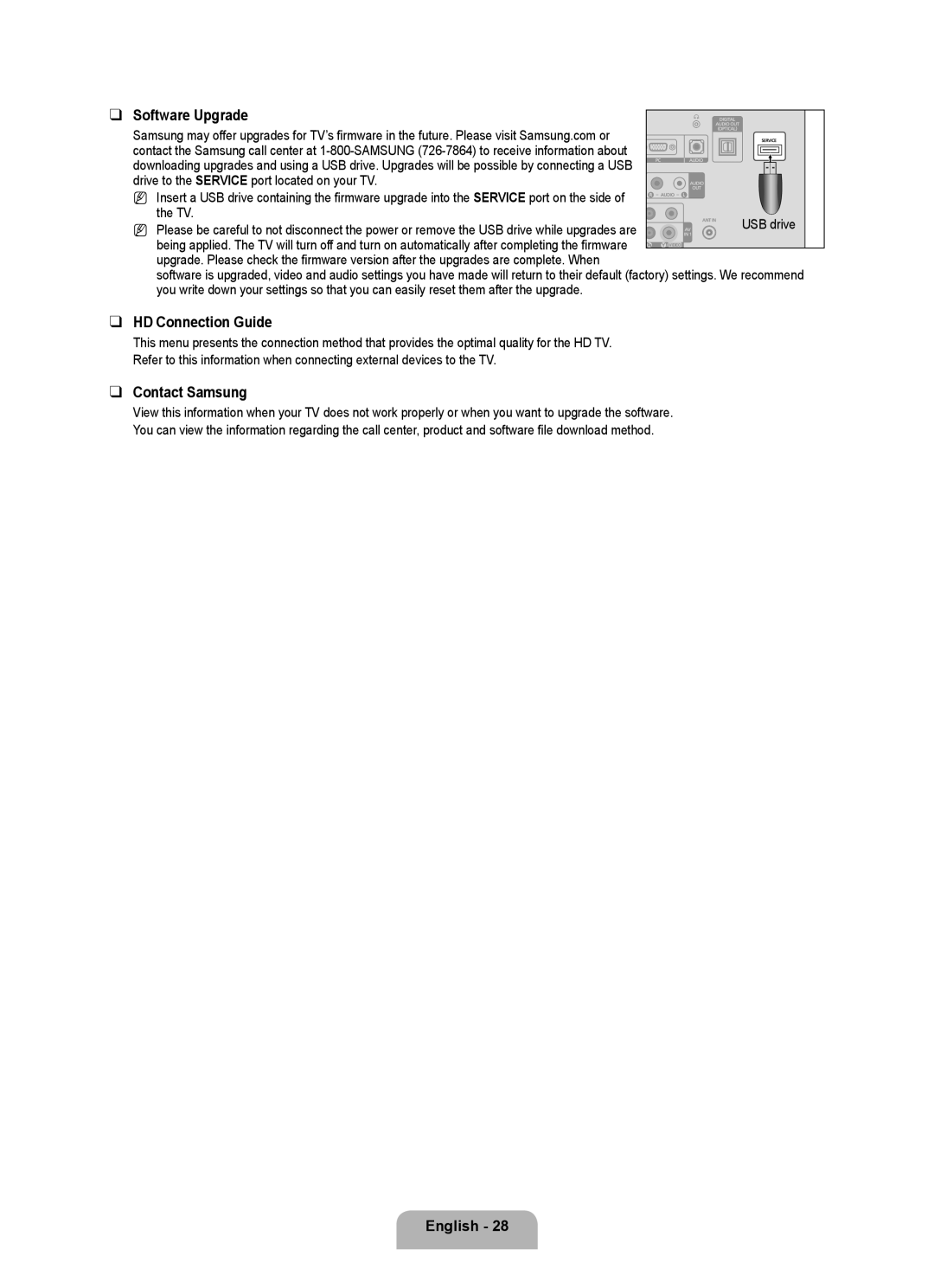 Samsung LN2B40 user manual Software Upgrade, HD Connection Guide, Contact Samsung 