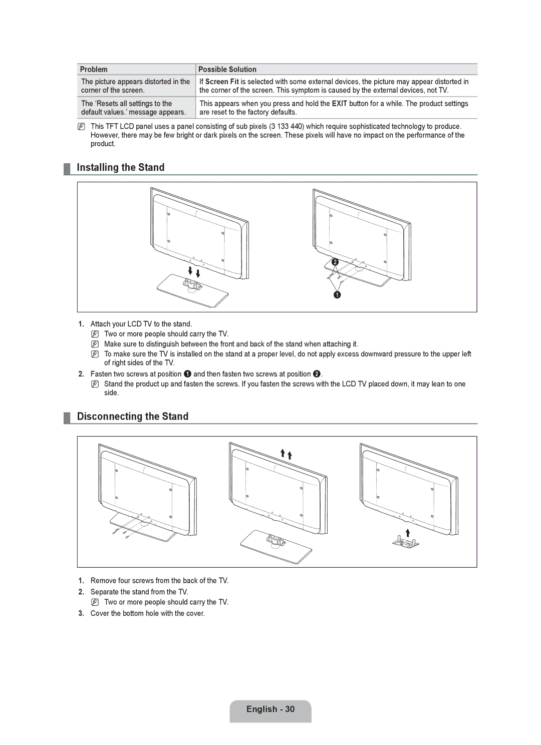 Samsung LN2B40 user manual Installing the Stand, Disconnecting the Stand, Corner of the screen, ‘Resets all settings to 