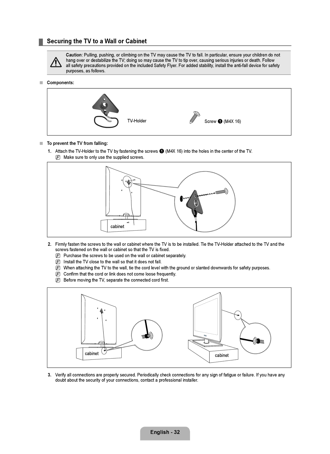 Samsung LN2B40 Securing the TV to a Wall or Cabinet, English 2,  Components, TV-Holder,  To prevent the TV from falling 