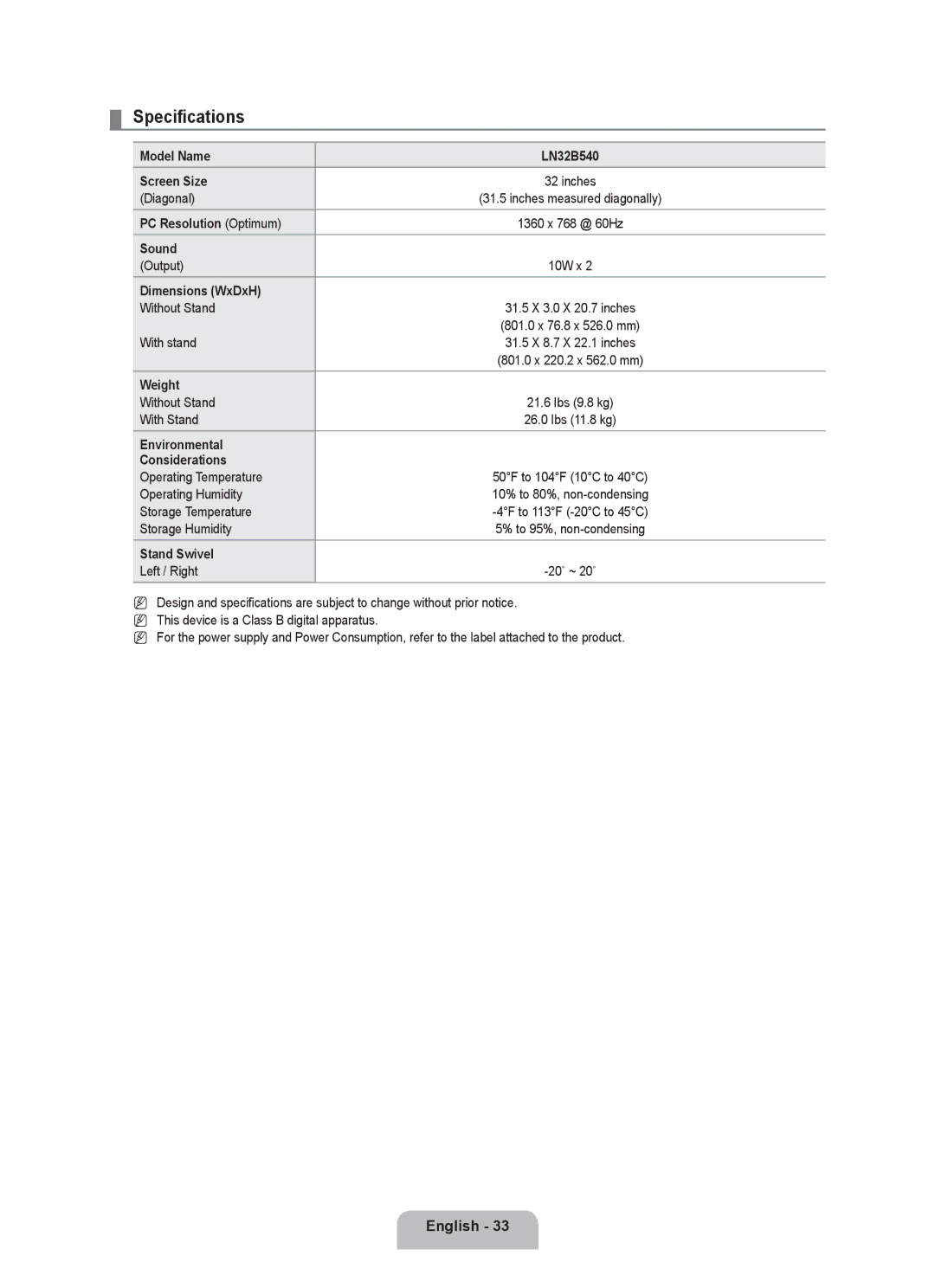 Samsung LN2B40 user manual Specifications 