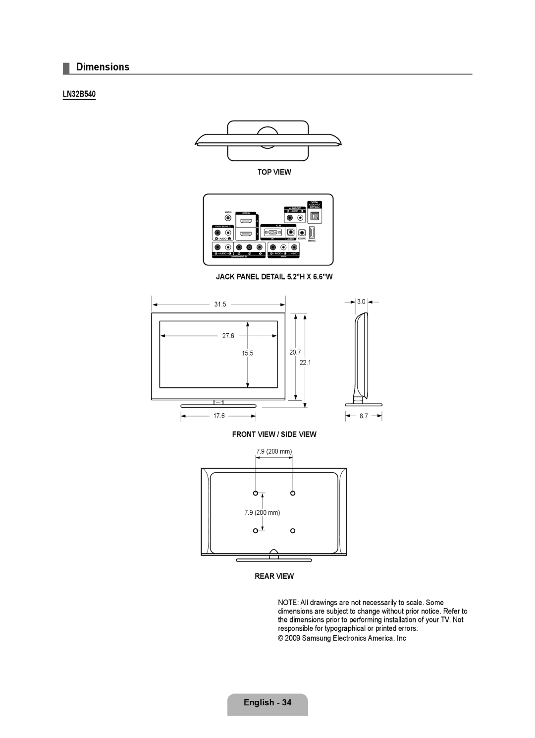 Samsung LN2B40 user manual Dimensions, LN32B540 