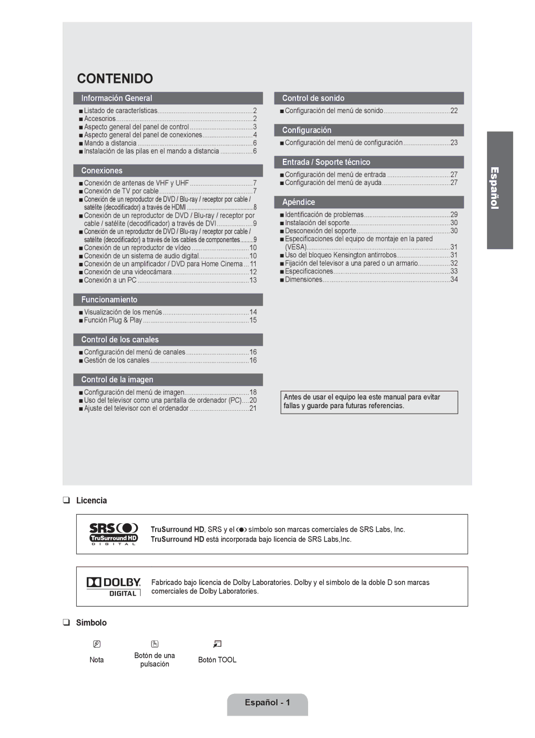 Samsung LN2B40 user manual Licencia, Símbolo, Español, Fallas y guarde para futuras referencias 