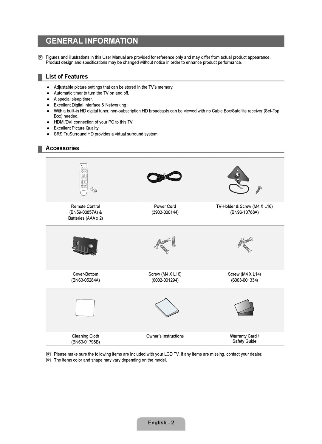 Samsung LN2B40 user manual General Information, List of Features, Accessories 