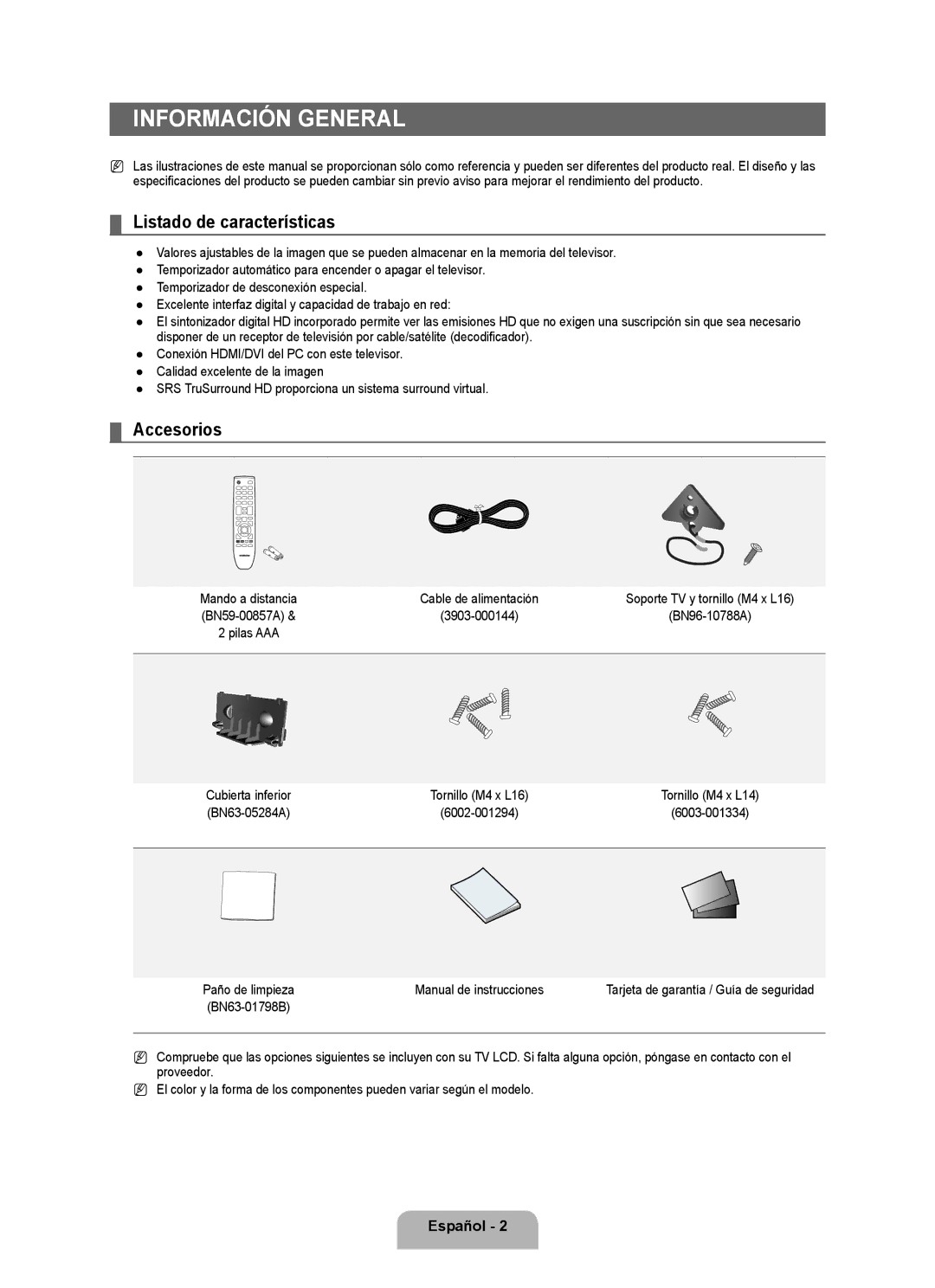 Samsung LN2B40 user manual Información General, Listado de características, Accesorios 