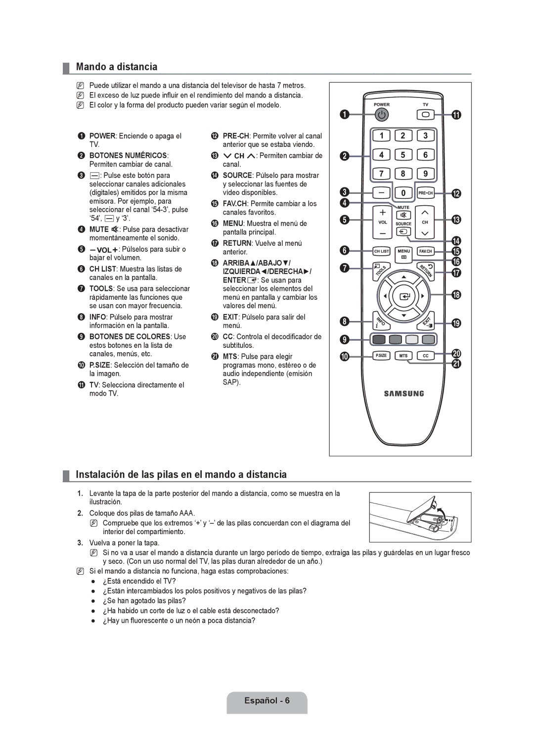 Samsung LN2B40 user manual Mando a distancia, Instalación de las pilas en el mando a distancia 