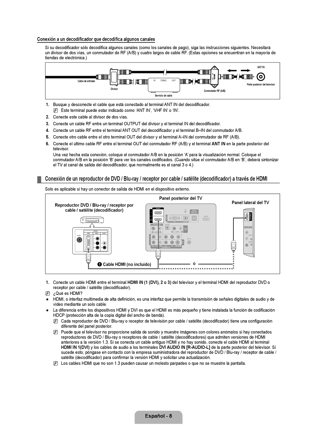 Samsung LN2B40 Conexión a un decodificador que decodifica algunos canales, Panel posterior del TV, Cable Hdmi no incluido 