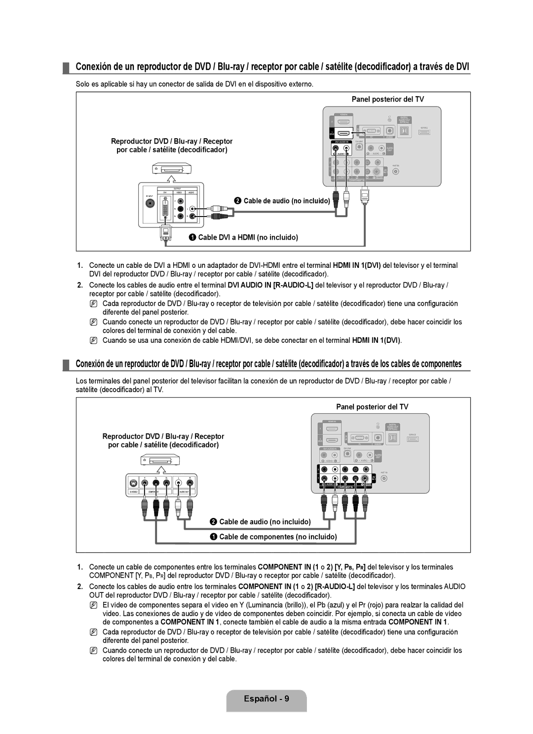 Samsung LN2B40 user manual Cable de audio no incluido Cable DVI a Hdmi no incluido 