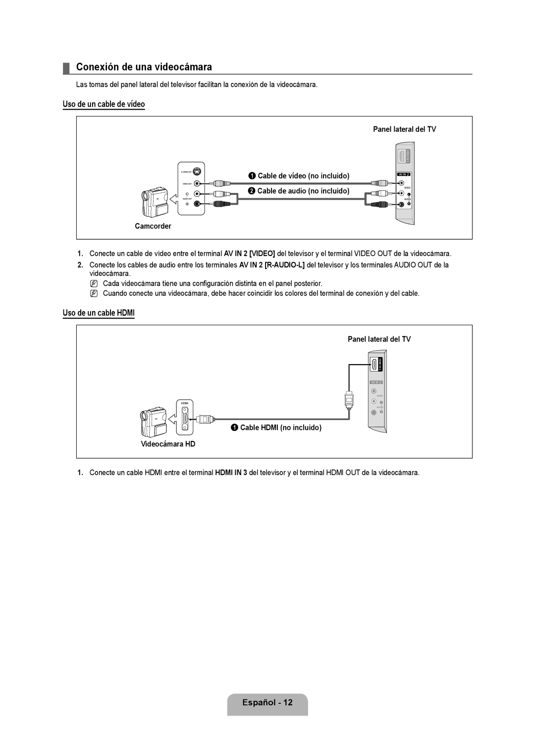 Samsung LN2B40 user manual Conexión de una videocámara, Uso de un cable de vídeo, Uso de un cable Hdmi 