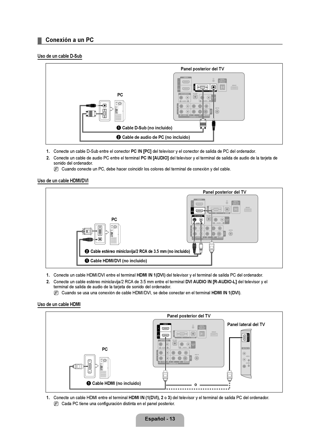 Samsung LN2B40 user manual Conexión a un PC, Uso de un cable D-Sub, Uso de un cable HDMI/DVI 