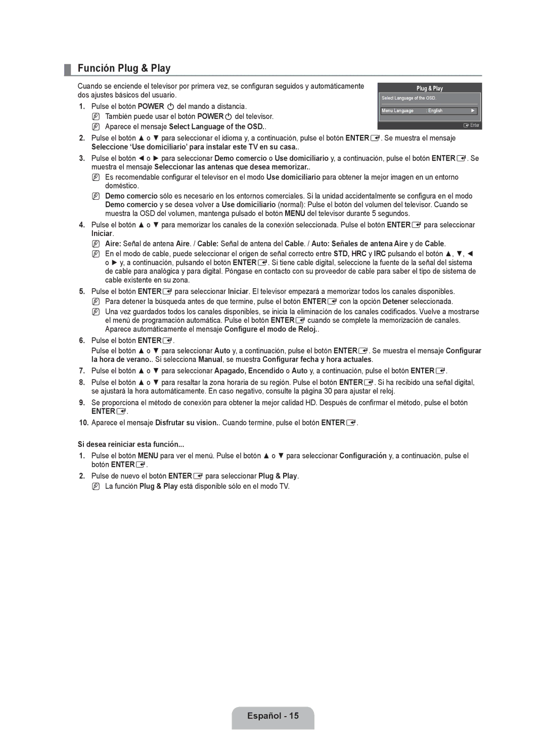 Samsung LN2B40 Función Plug & Play, Aparece el mensaje Select Language of the OSD, Si desea reiniciar esta función 