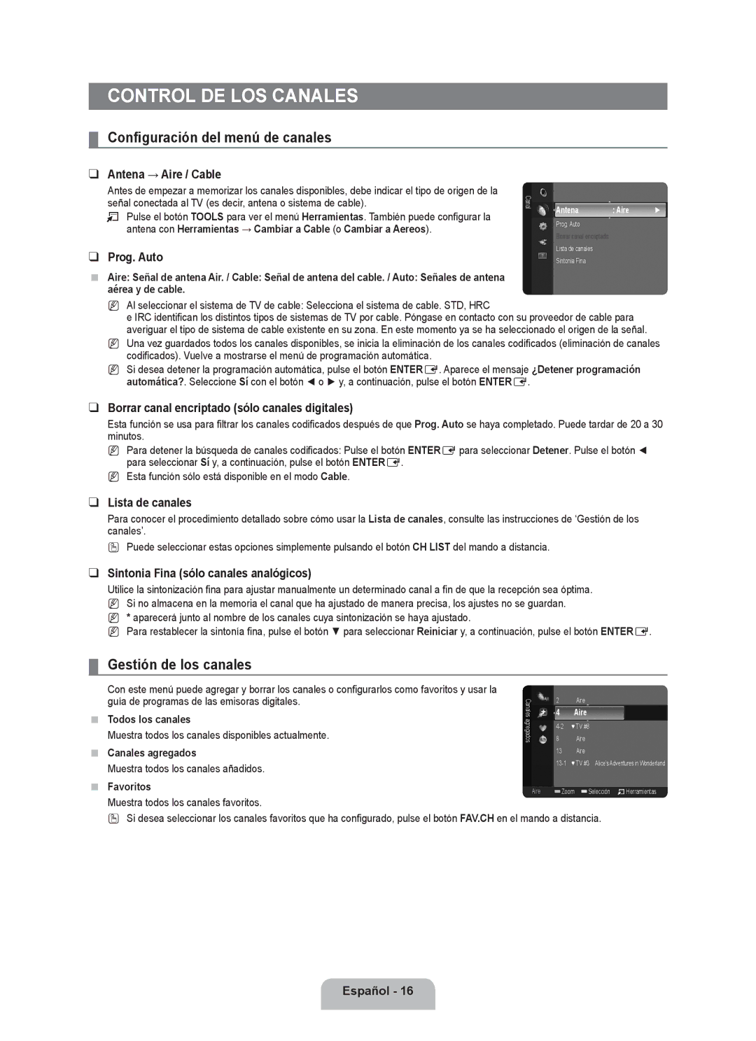 Samsung LN2B40 user manual Control de los canales, Configuración del menú de canales, Gestión de los canales 