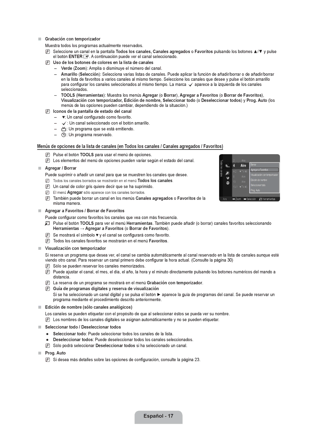 Samsung LN2B40  Grabación con temporizador, Uso de los botones de colores en la lista de canales,  Agregar / Borrar 