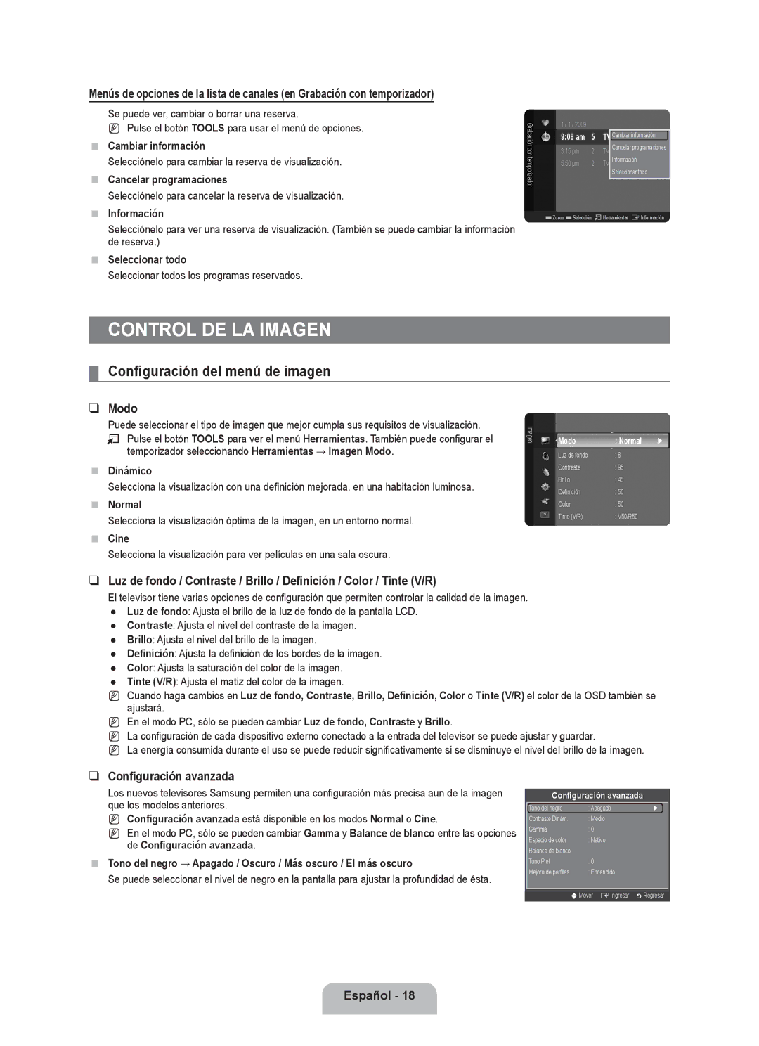 Samsung LN2B40 user manual Control de la imagen, Configuración del menú de imagen, Modo, Configuración avanzada 