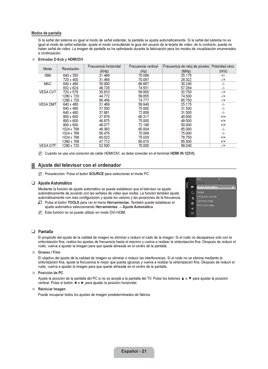 Samsung LN2B40 user manual Ajuste del televisor con el ordenador, Modos de pantalla, Ajuste Automático, Pantalla 