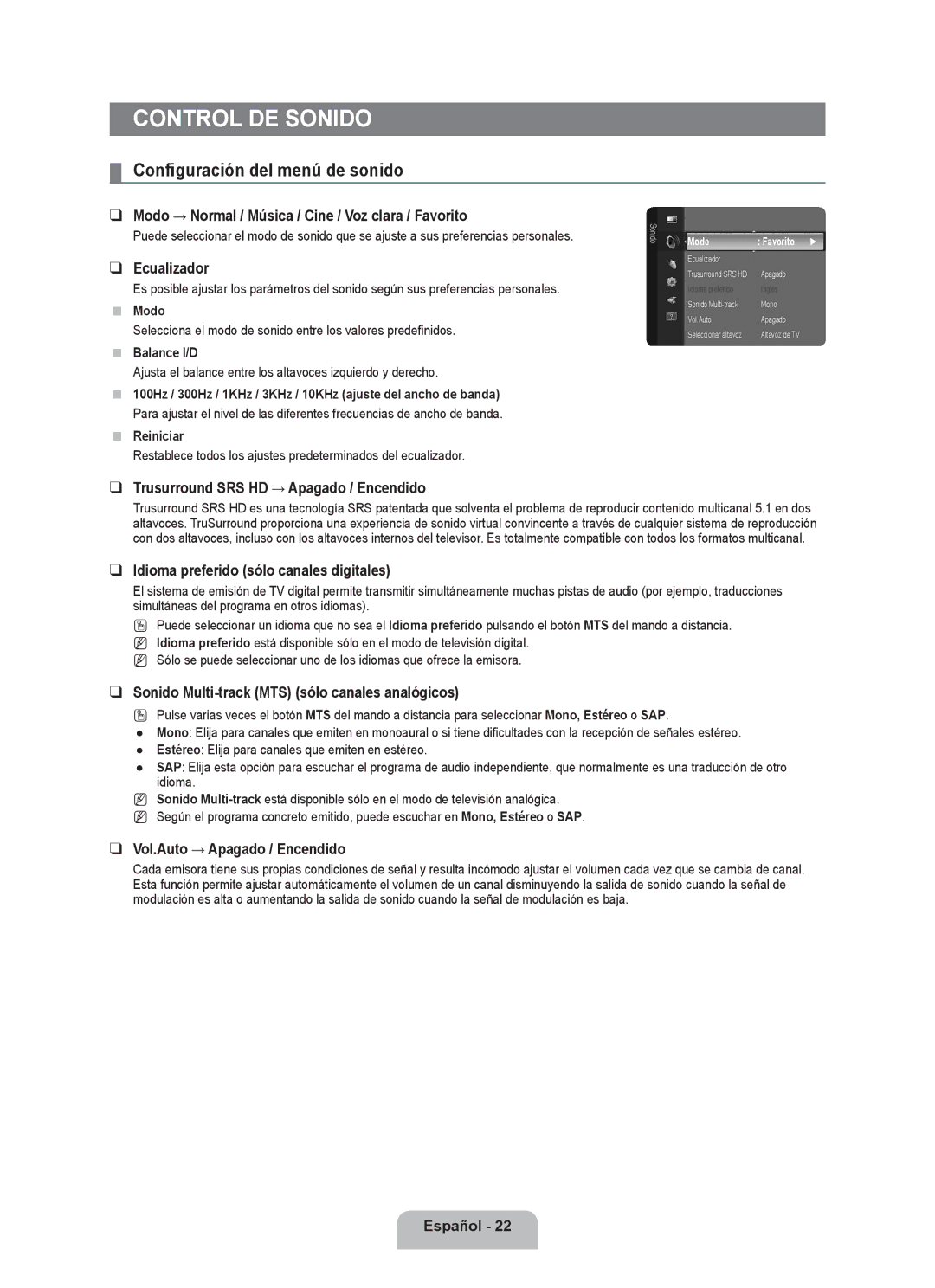 Samsung LN2B40 user manual Control de sonido, Configuración del menú de sonido 