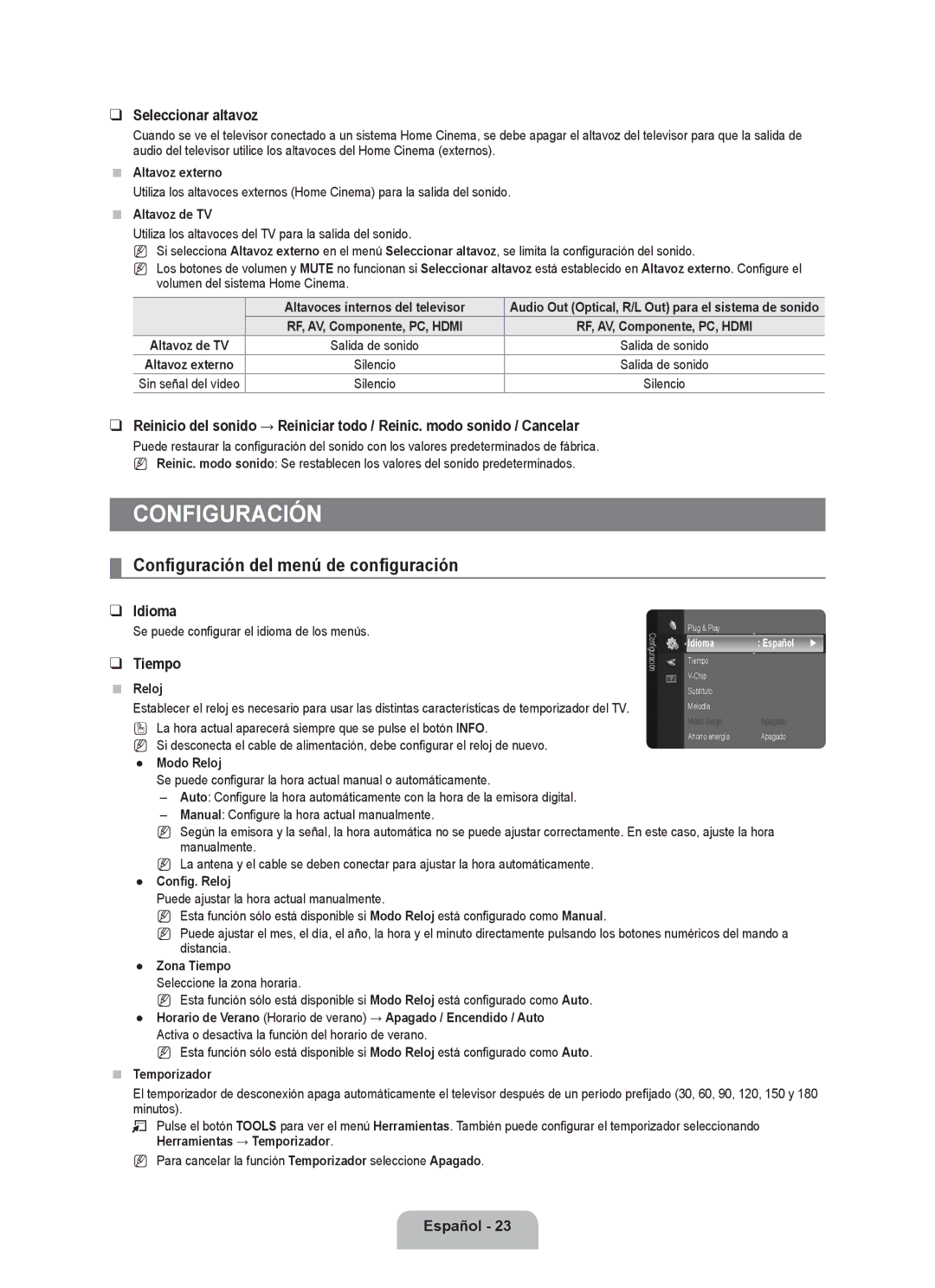 Samsung LN2B40 user manual Configuración del menú de configuración, Seleccionar altavoz, Idioma, Tiempo 