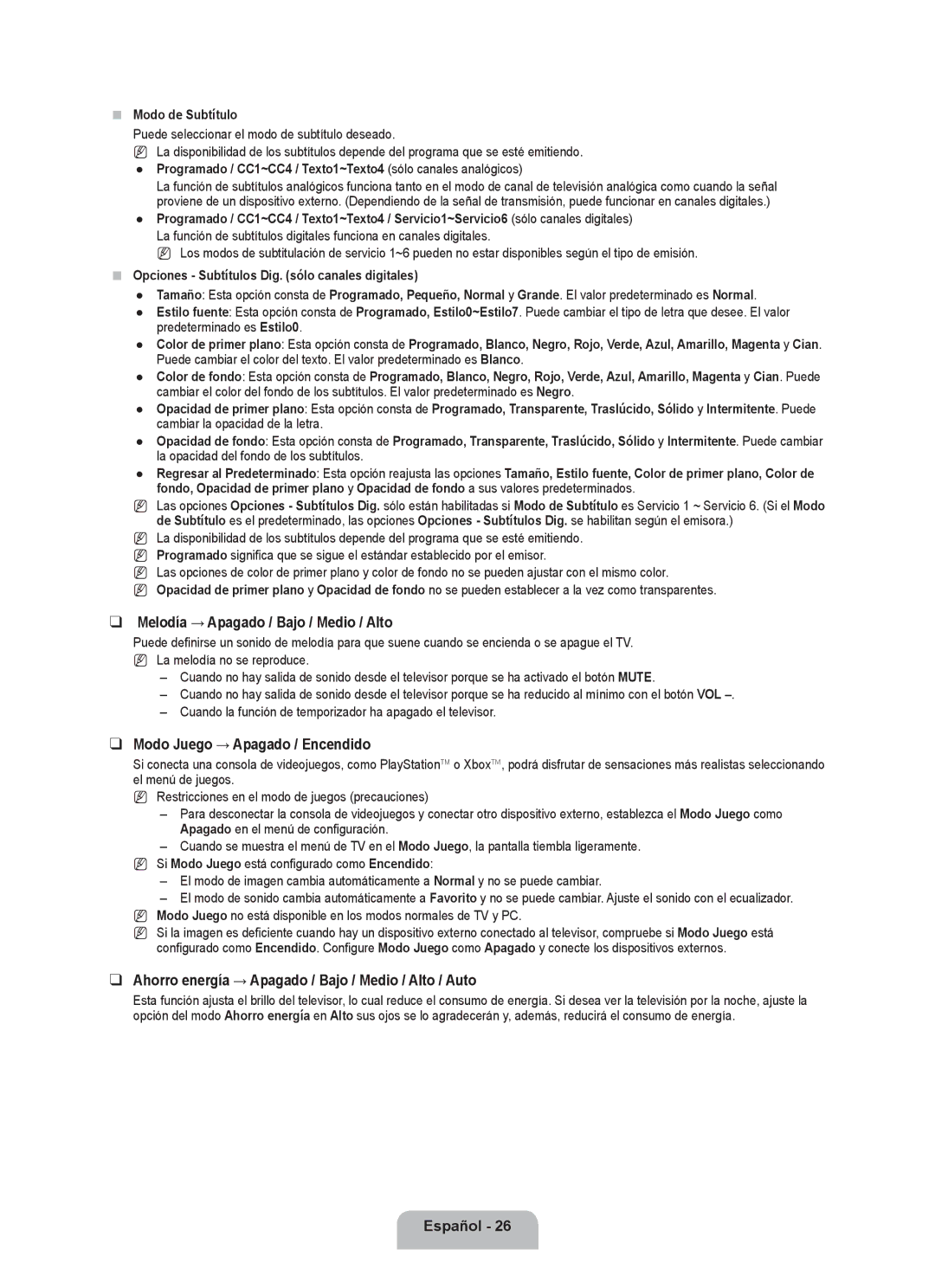 Samsung LN2B40 user manual Melodía → Apagado / Bajo / Medio / Alto, Modo Juego → Apagado / Encendido,  Modo de Subtítulo 