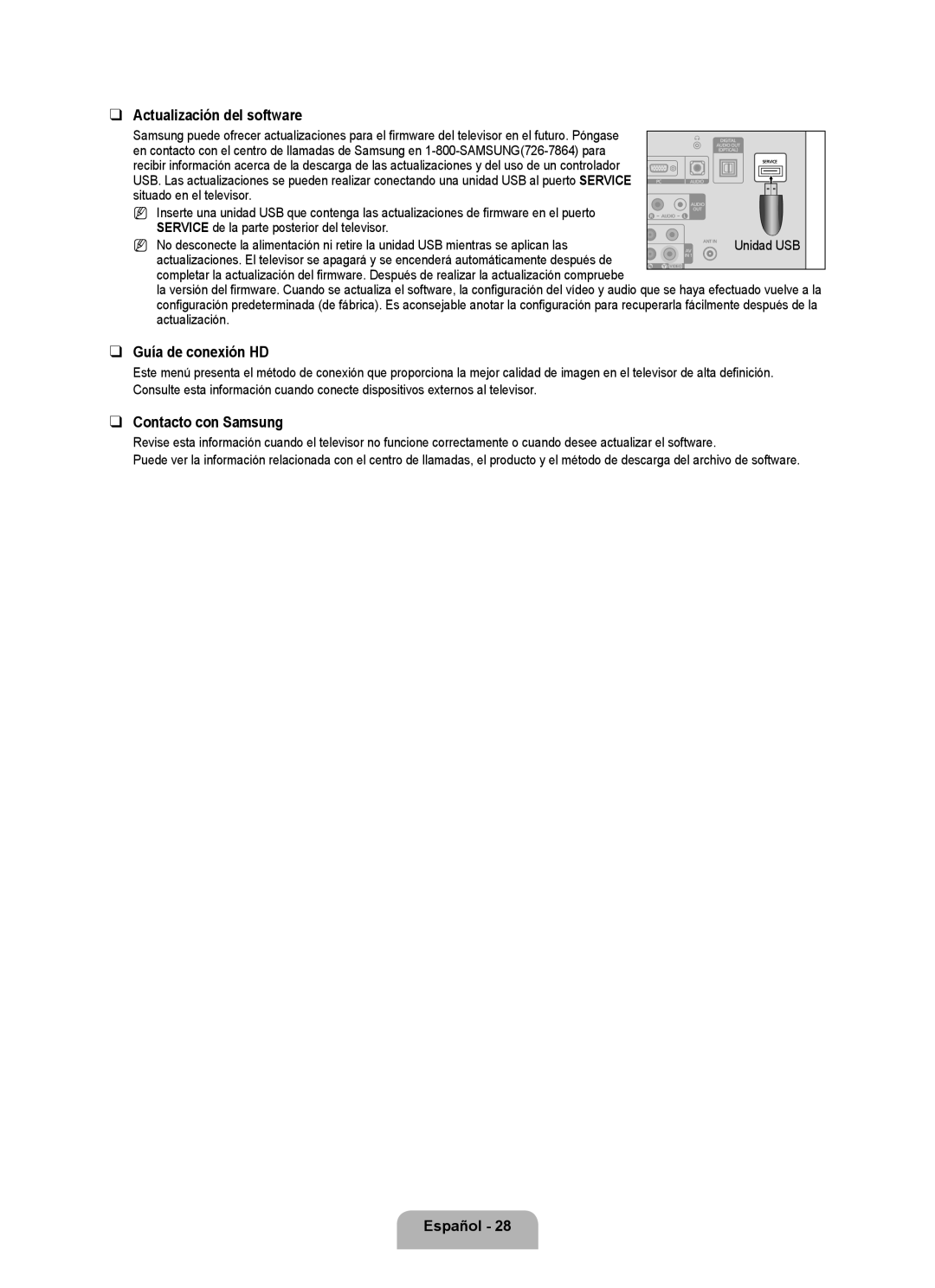 Samsung LN2B40 user manual Actualización del software, Guía de conexión HD, Contacto con Samsung 