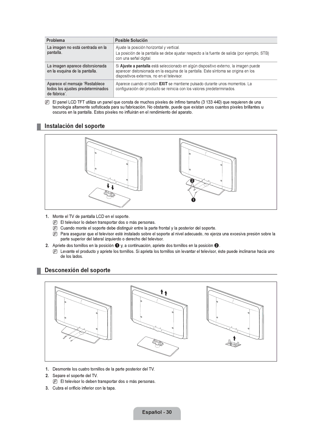 Samsung LN2B40 user manual Instalación del soporte, Desconexión del soporte 