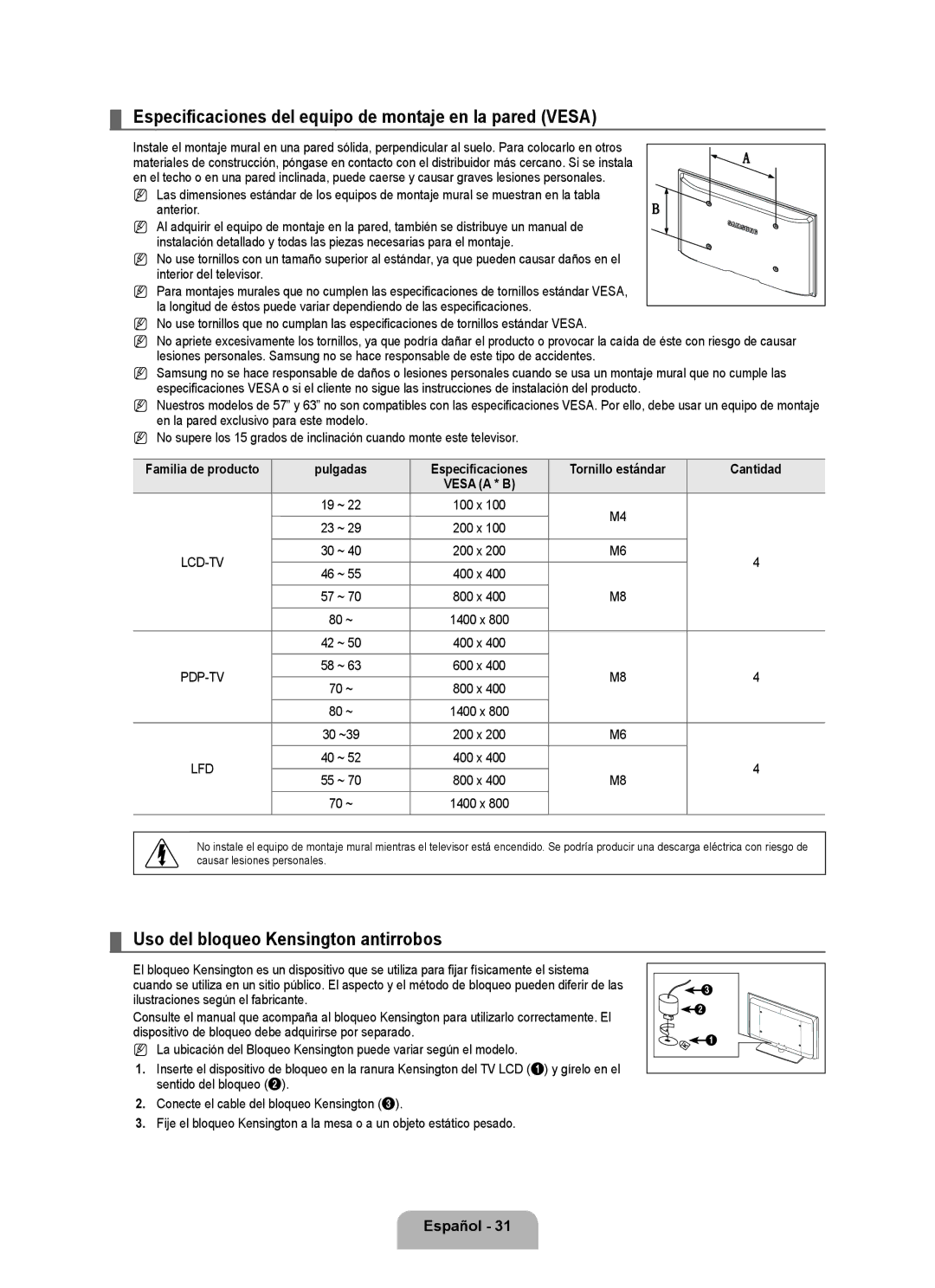 Samsung LN2B40 user manual Especificaciones del equipo de montaje en la pared Vesa, Uso del bloqueo Kensington antirrobos 