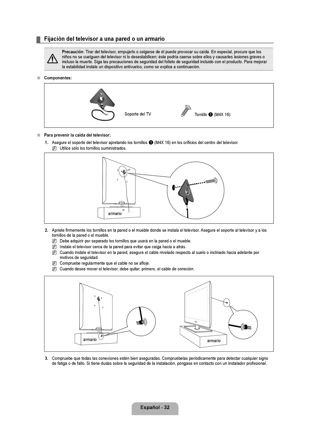 Samsung LN2B40 user manual Fijación del televisor a una pared o un armario, Español 2,  Componentes, Soporte del TV 