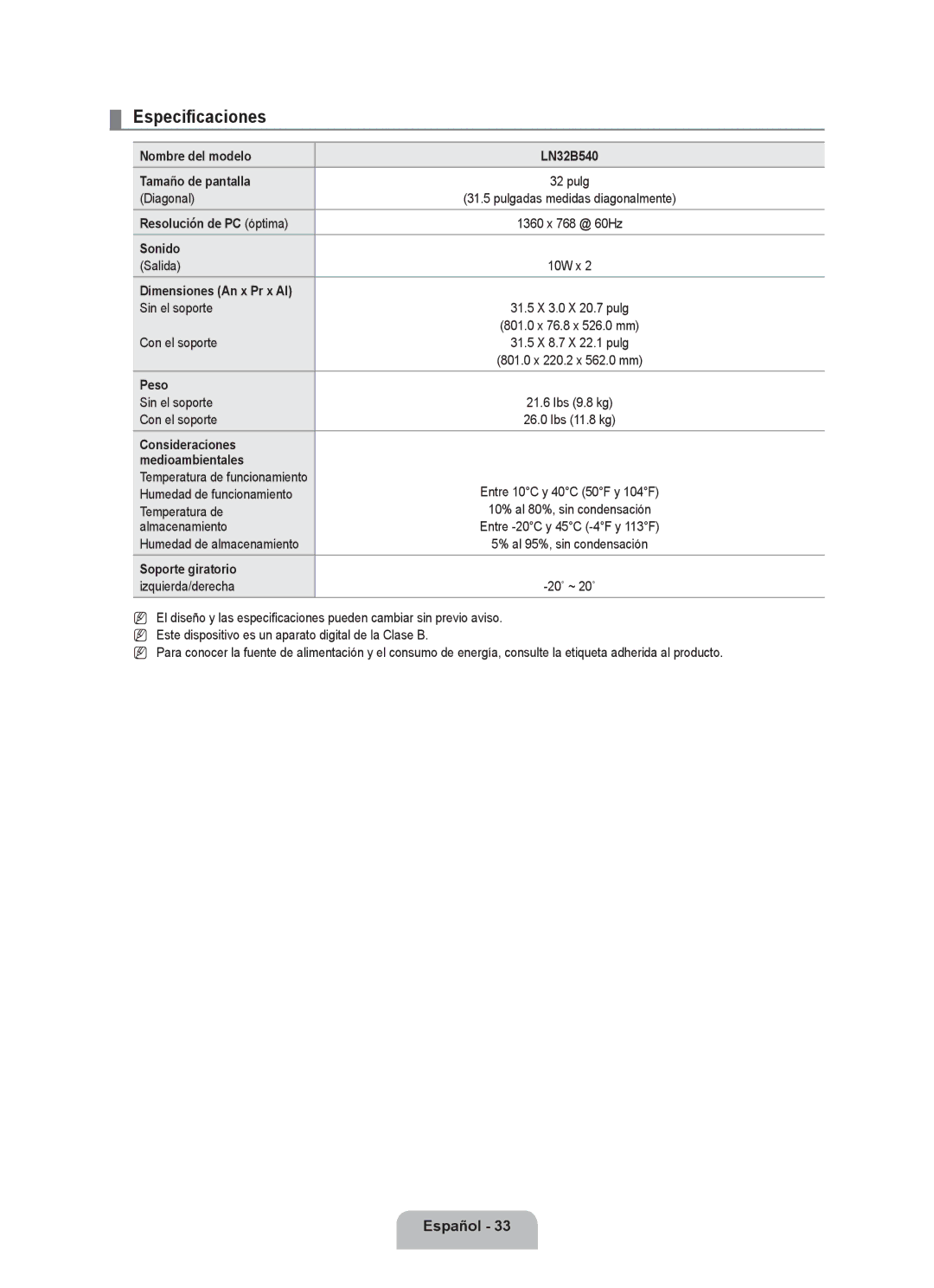 Samsung LN2B40 user manual Especificaciones 