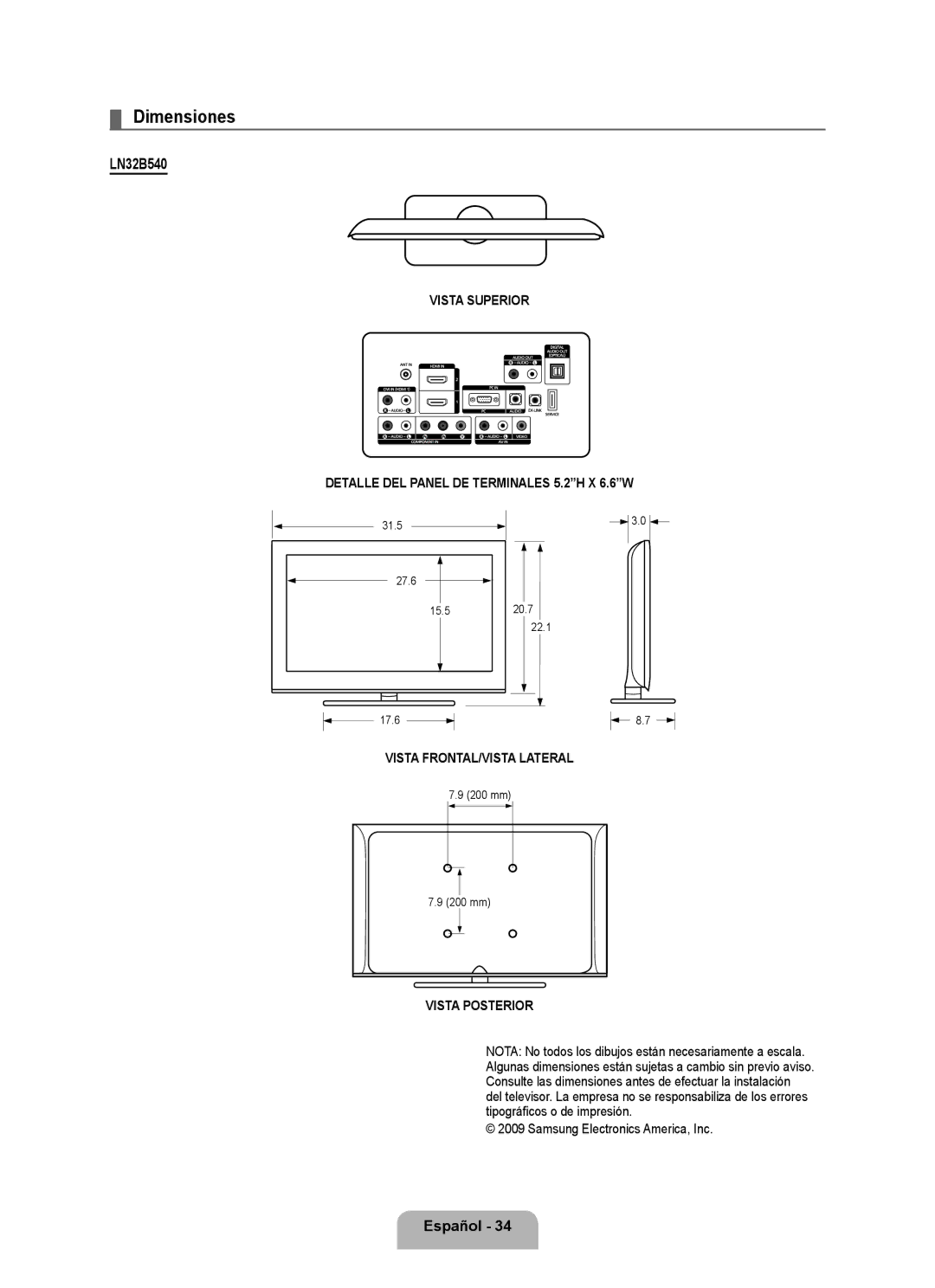 Samsung LN2B40 user manual Dimensiones, Vista Posterior 