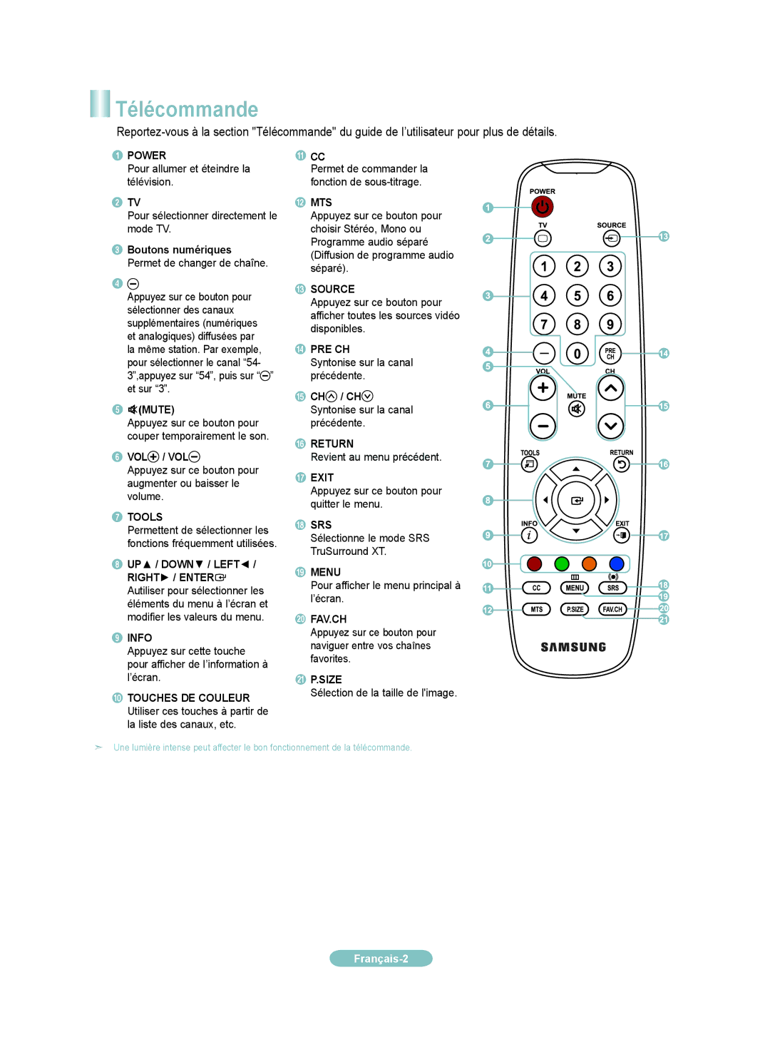 Samsung LN32A300JD manual Télécommande, CH / CH Syntonise sur la canal précédente 