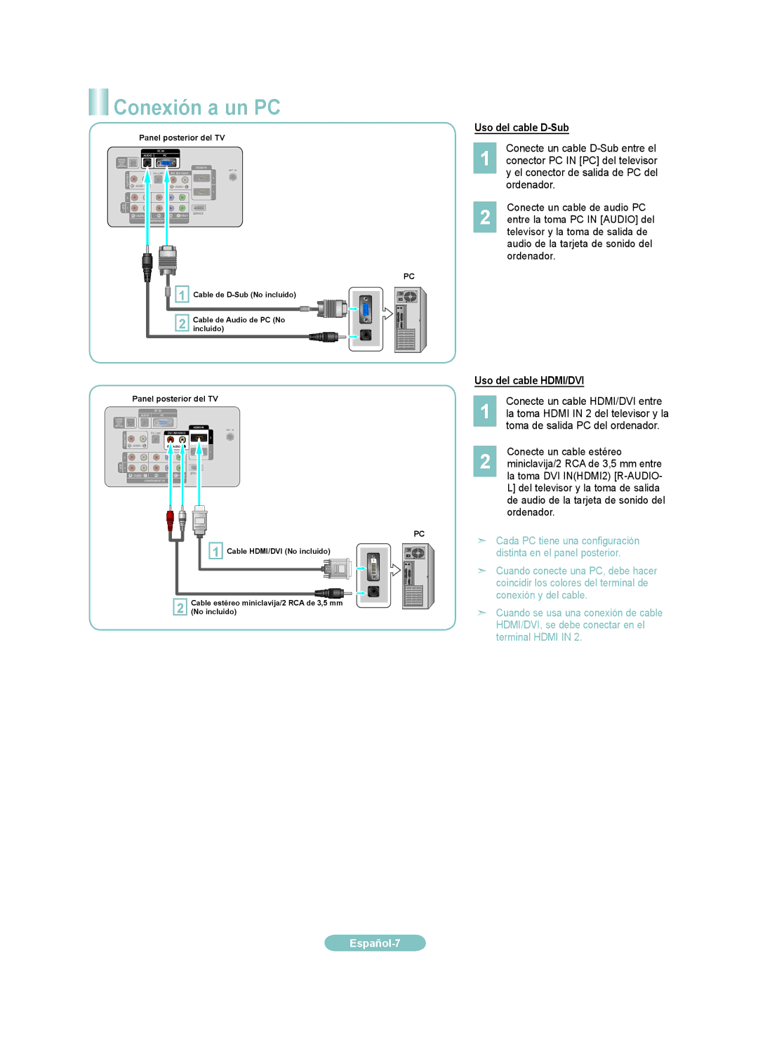 Samsung LN32A300JD manual Conexión a un PC, Uso del cable D-Sub, Uso del cable HDMI/DVI 