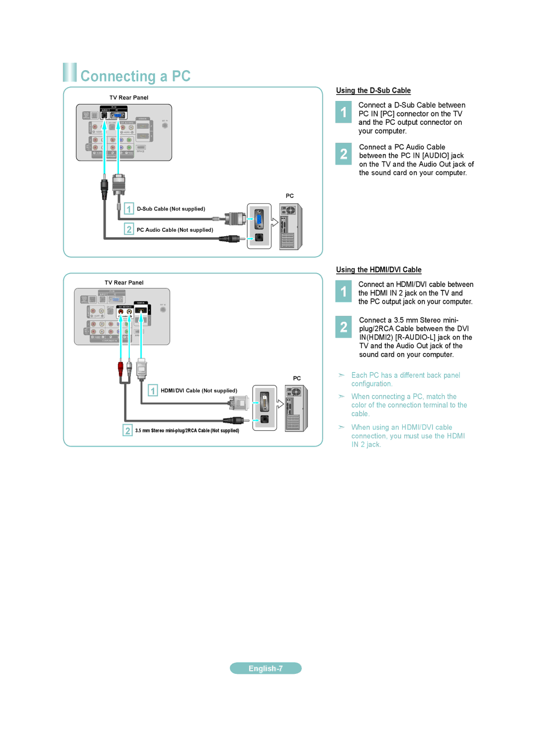 Samsung LN32A300JD Connecting a PC, Using the D-Sub Cable, Using the HDMI/DVI Cable, Connect an HDMI/DVI cable between 