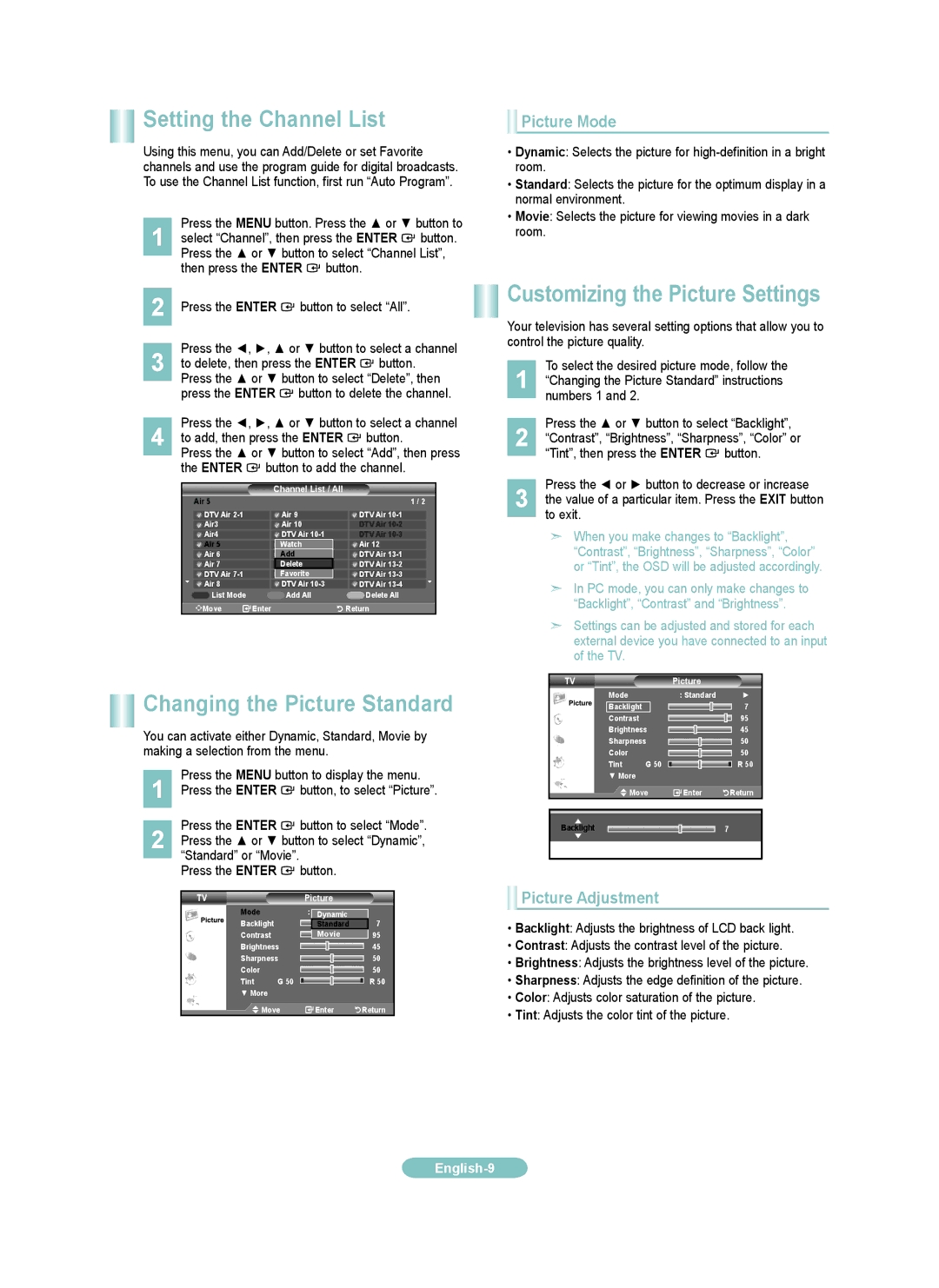 Samsung LN32A300JD Setting the Channel List, Customizing the Picture Settings, Changing the Picture Standard, Picture Mode 