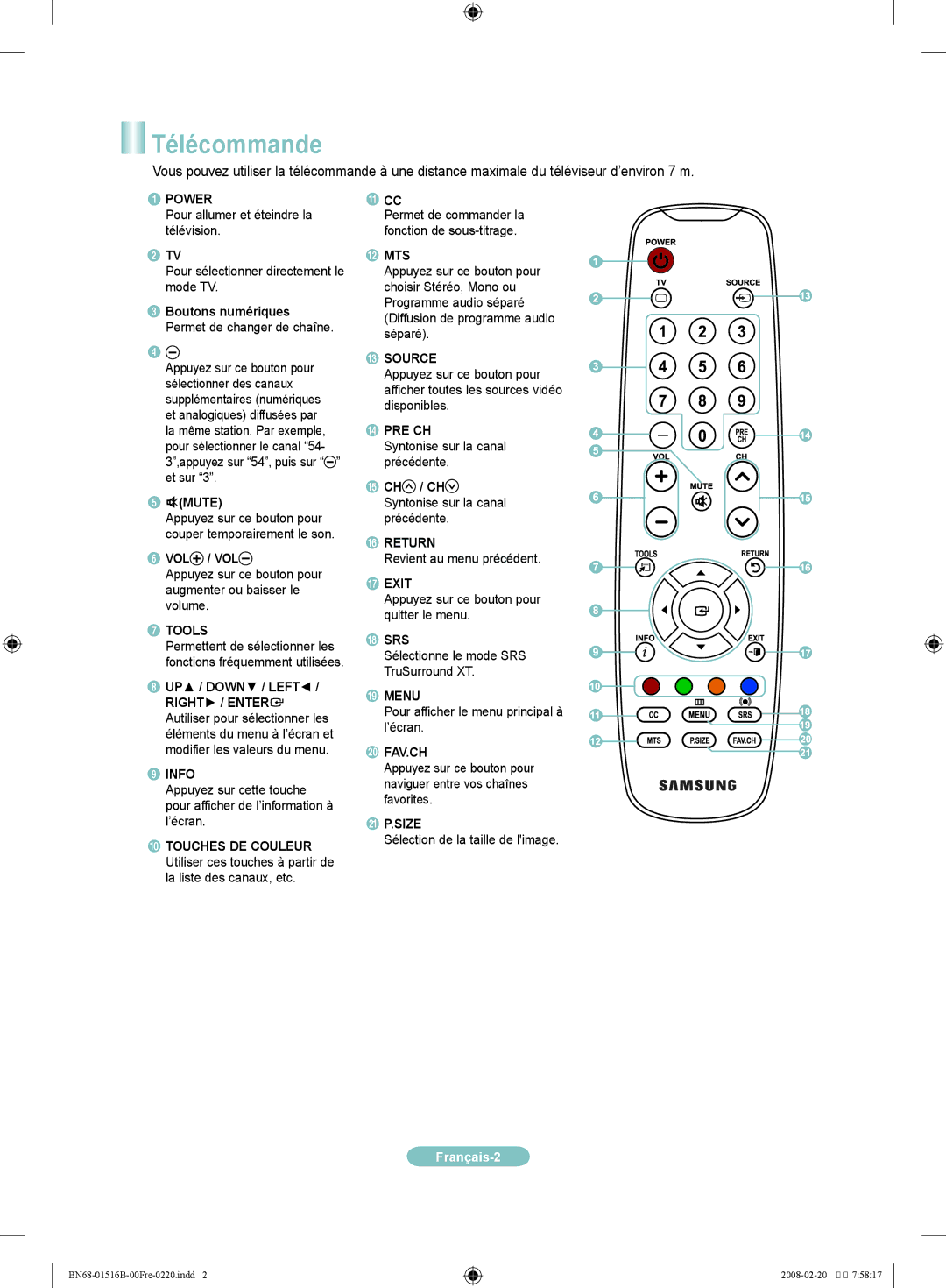 Samsung LN26A330J1D, LN32A330J1D, LN40A330J1D, LN37A330J1D manual Télécommande, CH / CH Syntonise sur la canal précédente 