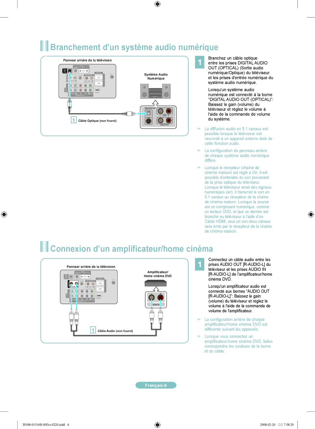 Samsung LN26A330J1D, LN32A330J1D manual Branchement dun système audio numérique, Connexion d’un amplificateur/home cinéma 