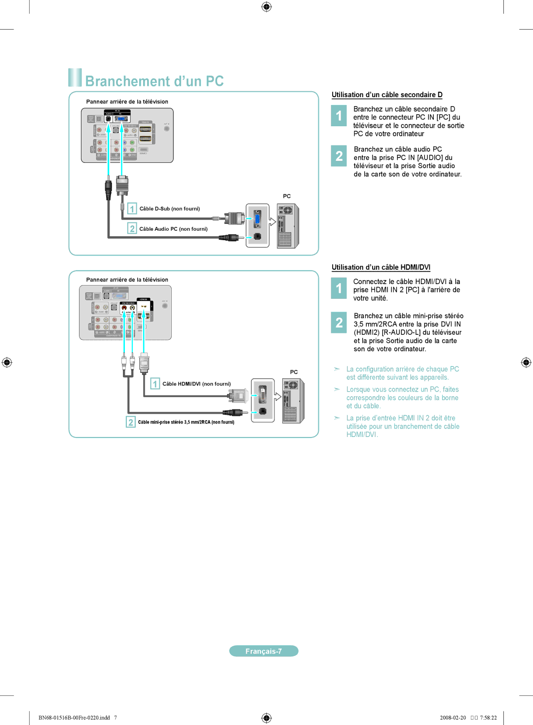 Samsung LN40A330J1D, LN32A330J1D Branchement d’un PC, Utilisation d’un câble secondaire D, Utilisation d’un câble HDMI/DVI 